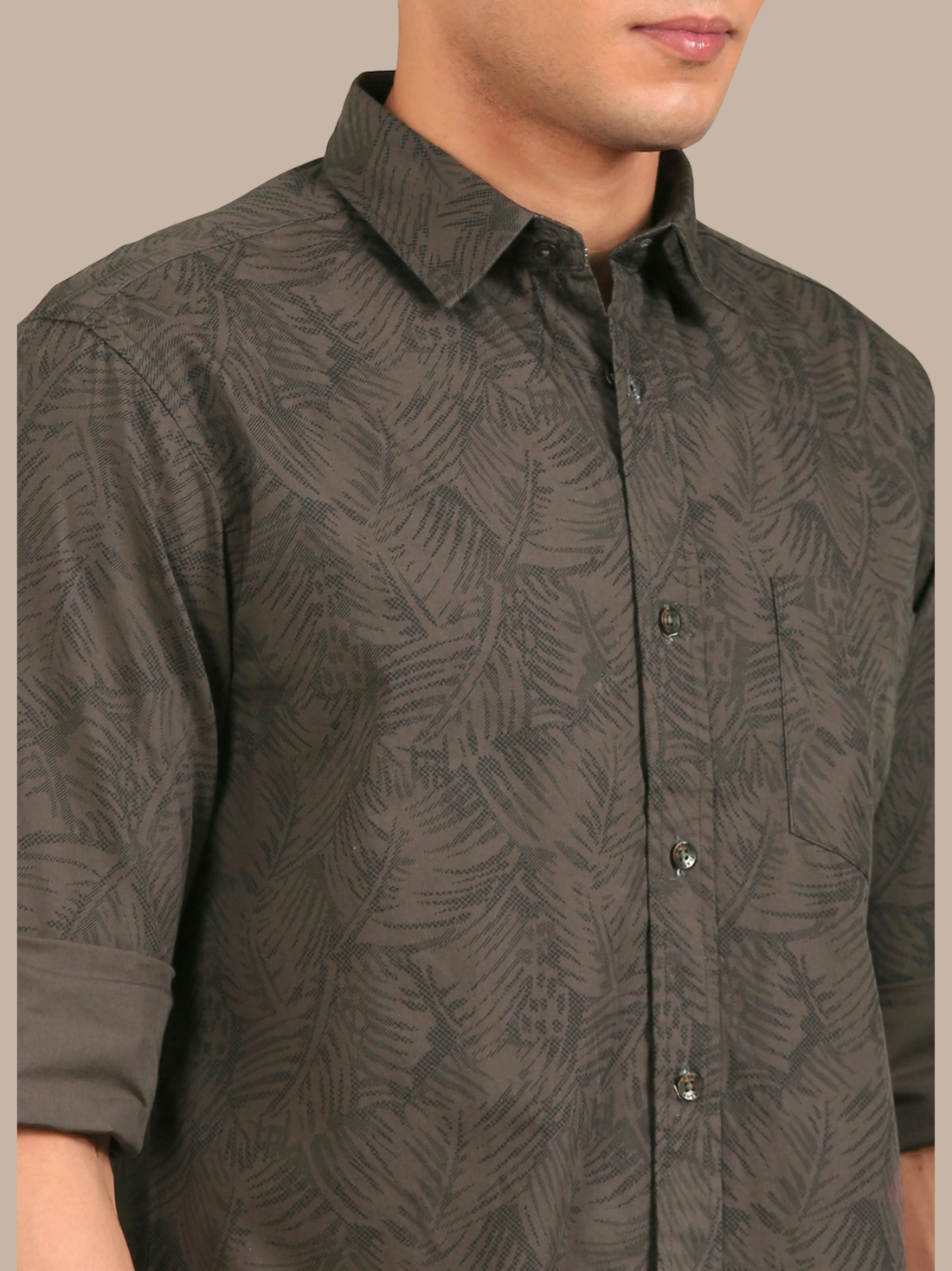 Cotton Leaf Print Shirt: Olive Green