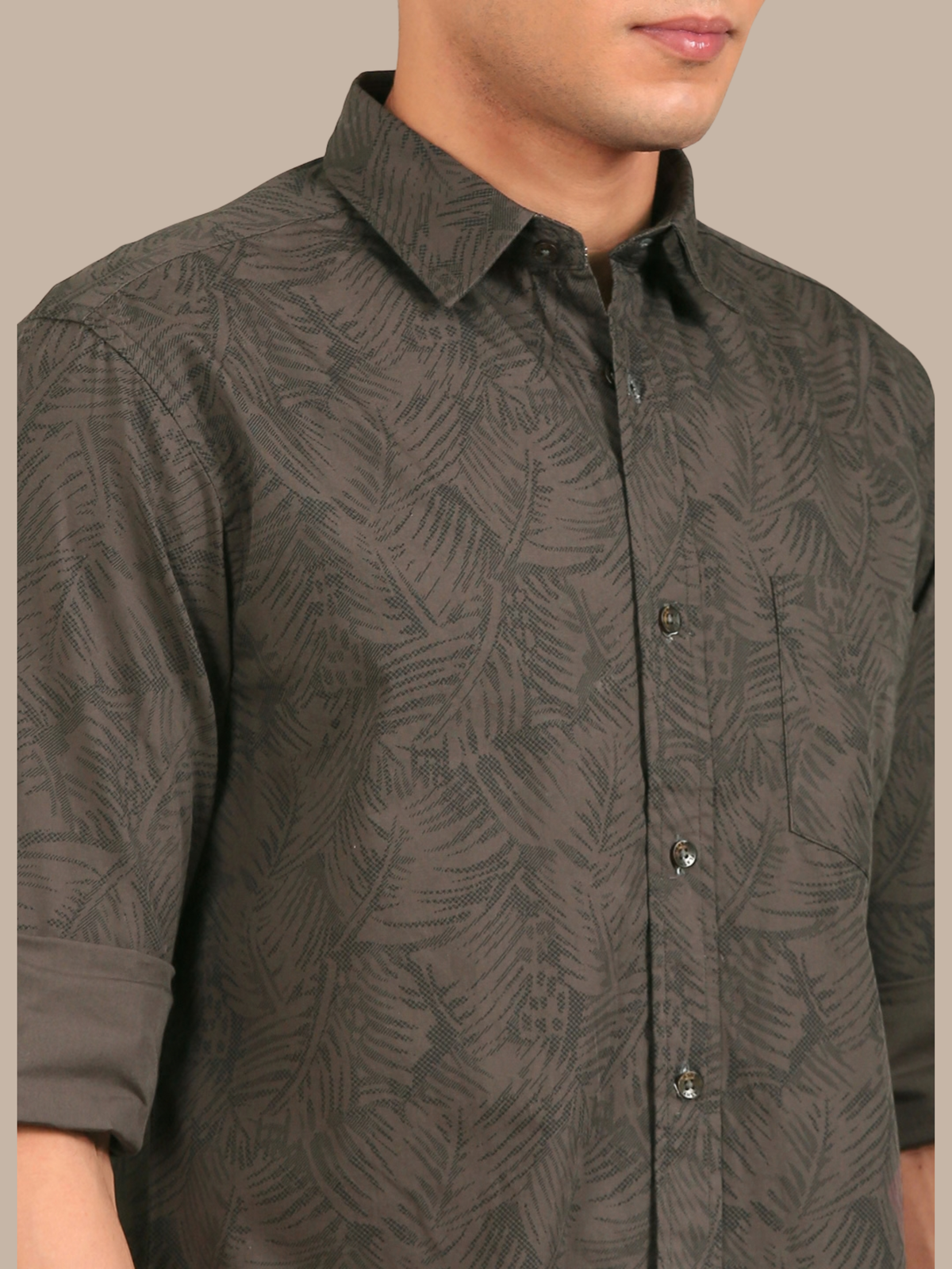 Cotton Leaf Print Shirt: Olive Green