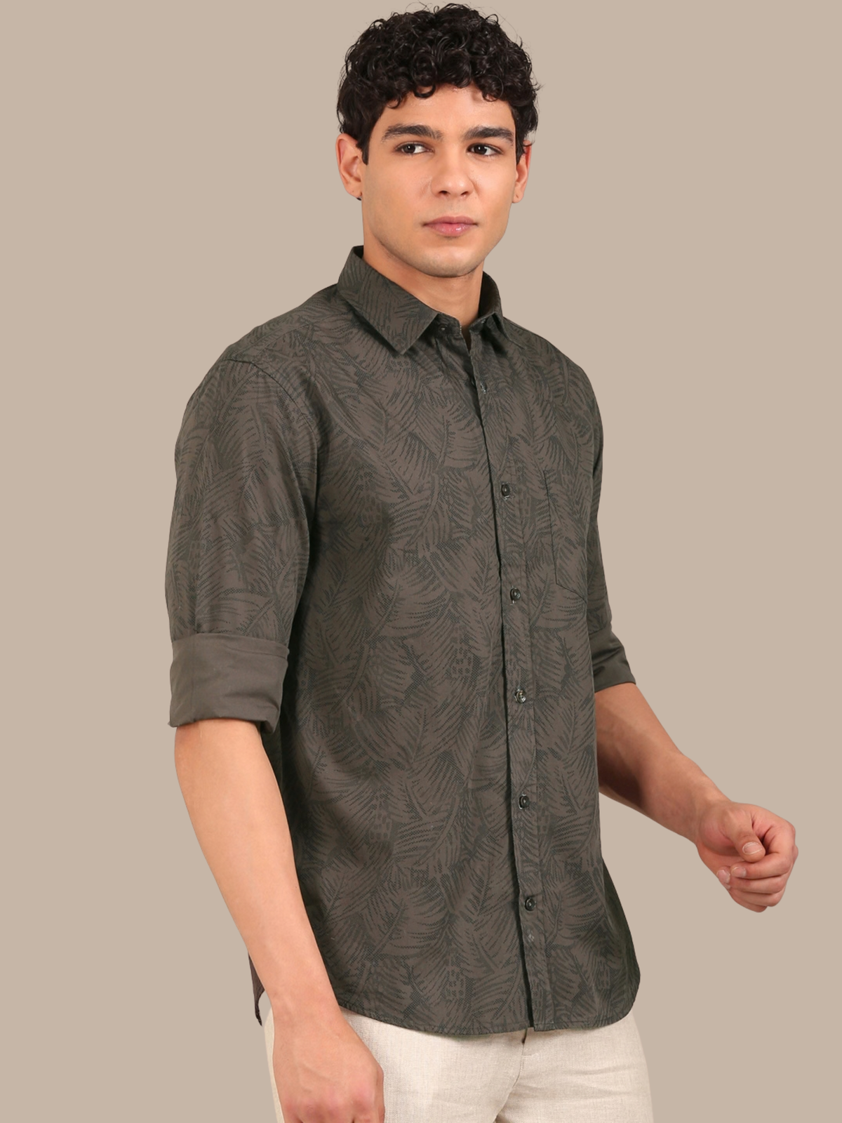 Cotton Leaf Print Shirt: Olive Green