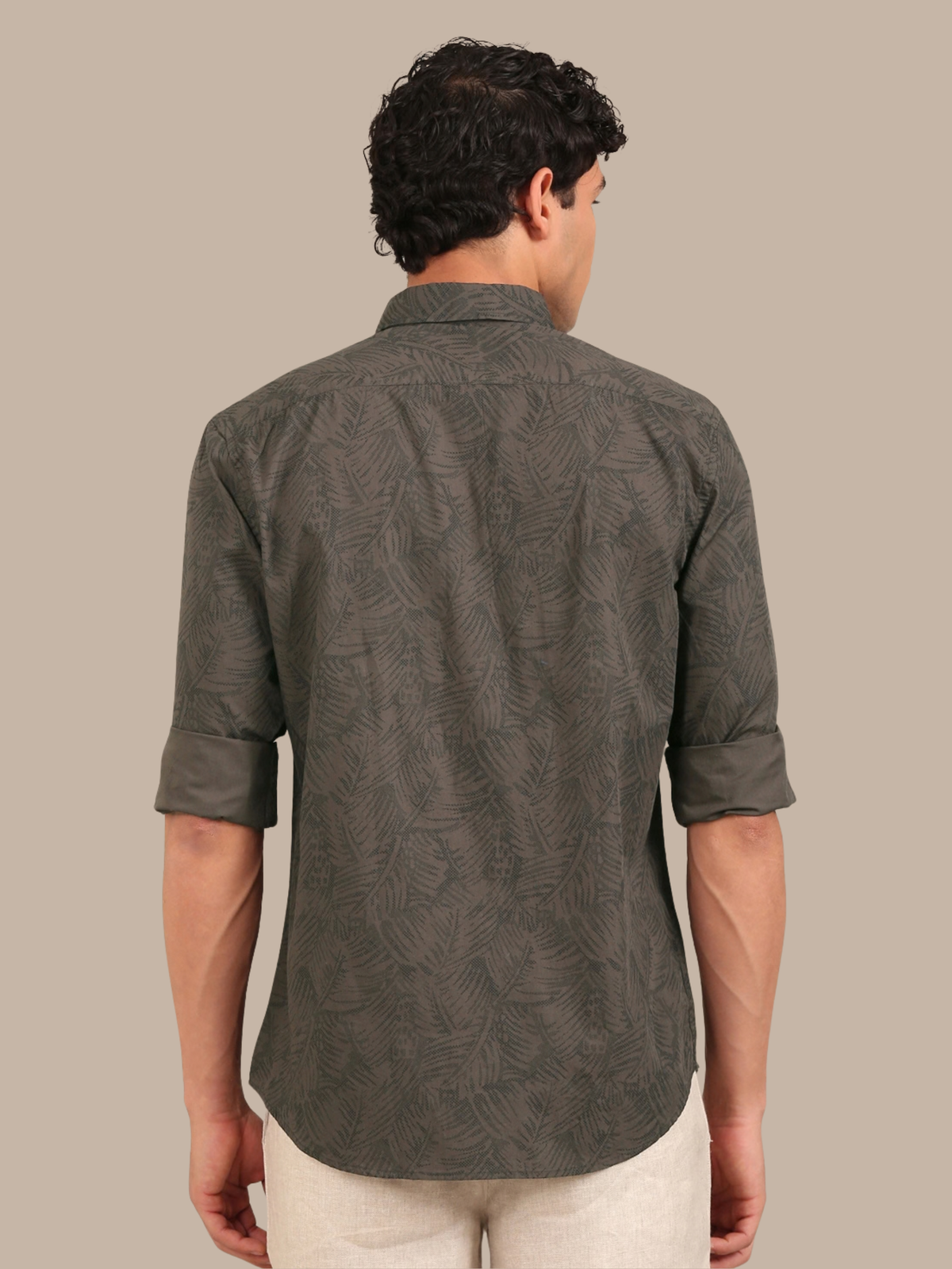 Cotton Leaf Print Shirt: Olive Green