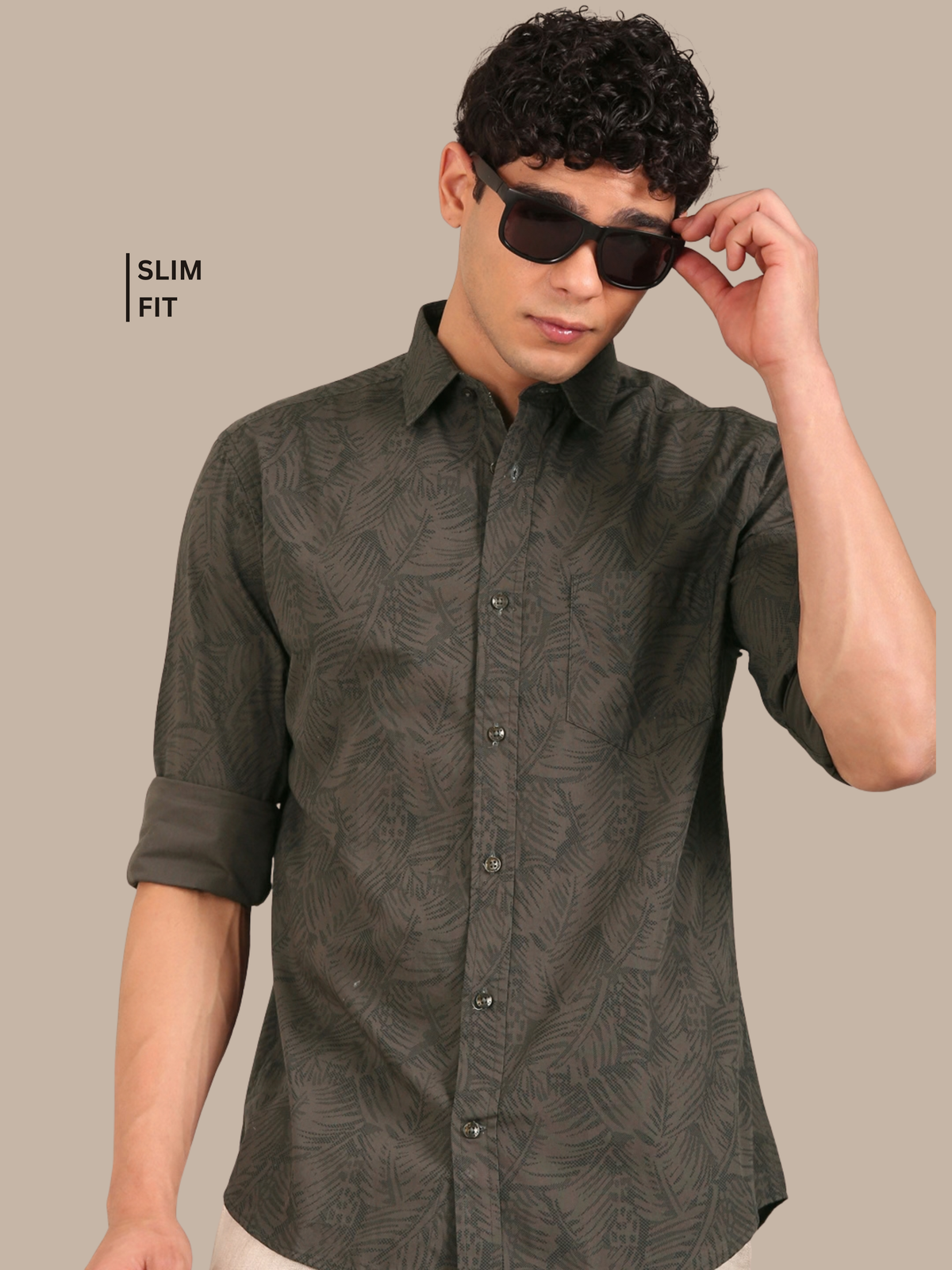 Cotton Leaf Print Shirt: Olive Green