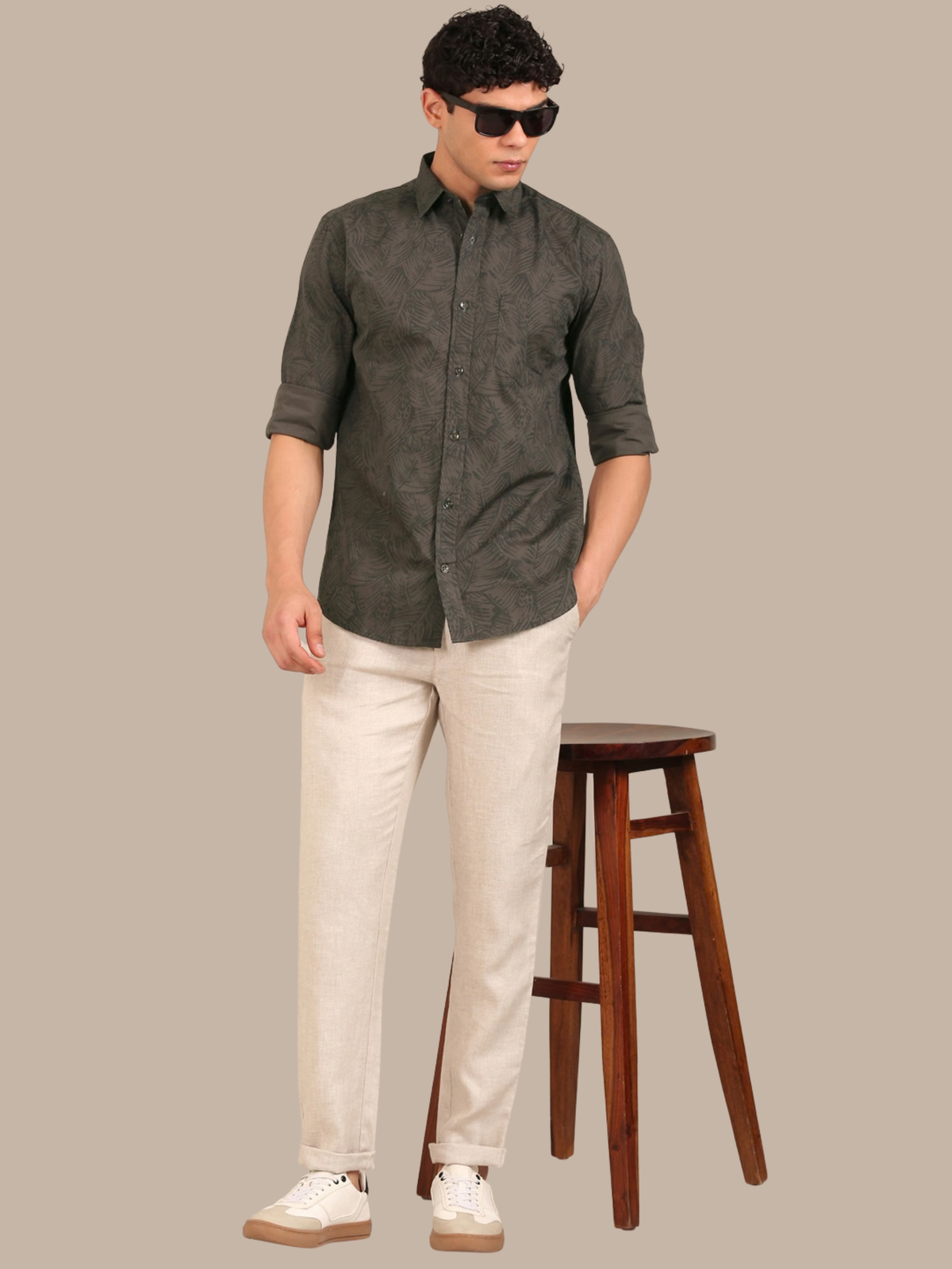 Cotton Leaf Print Shirt: Olive Green
