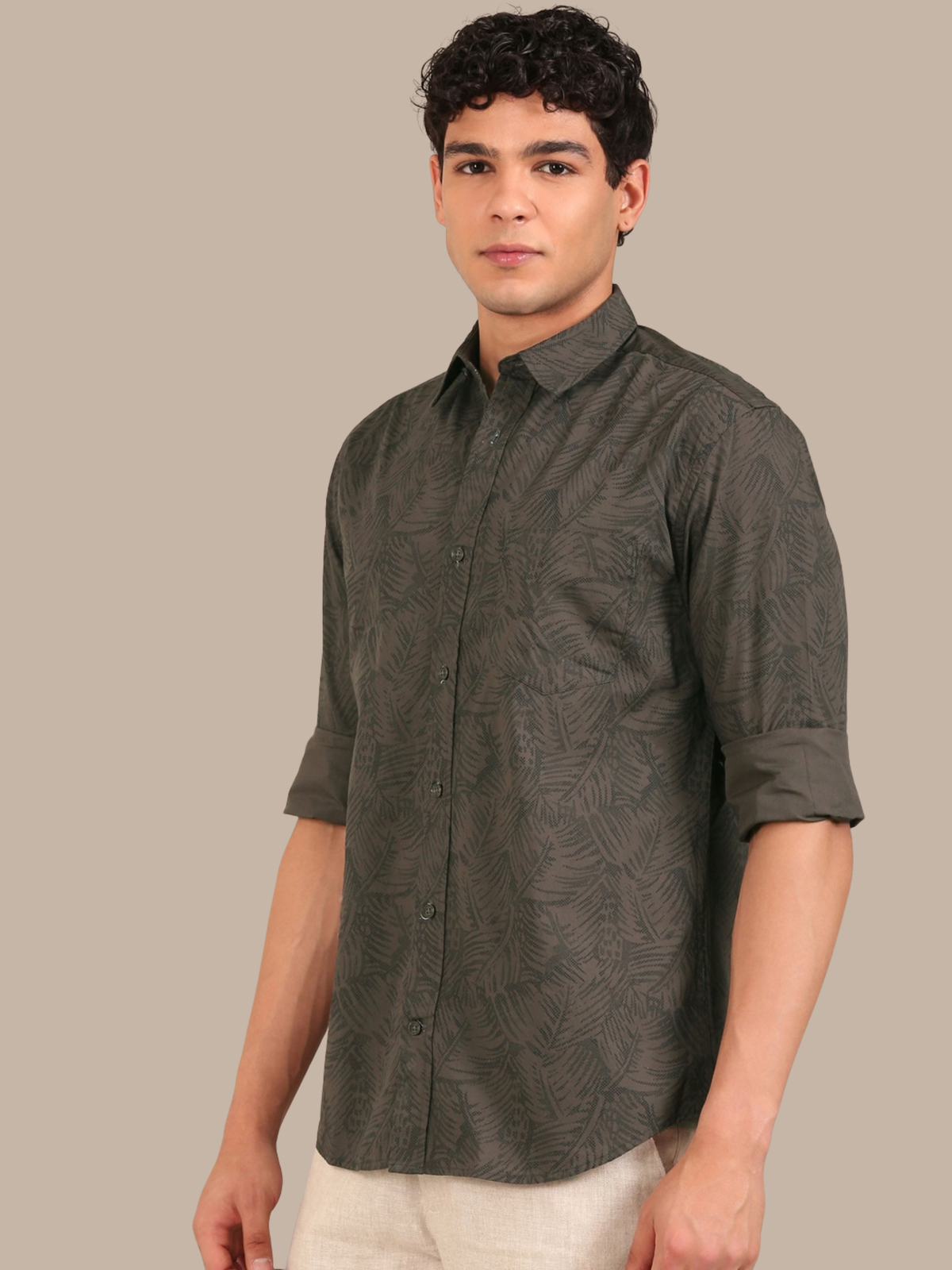 Cotton Leaf Print Shirt: Olive Green