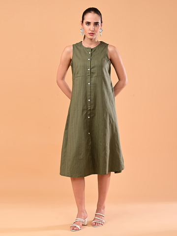 Women’s Olive Green Textured Sleeveless Midi Dress