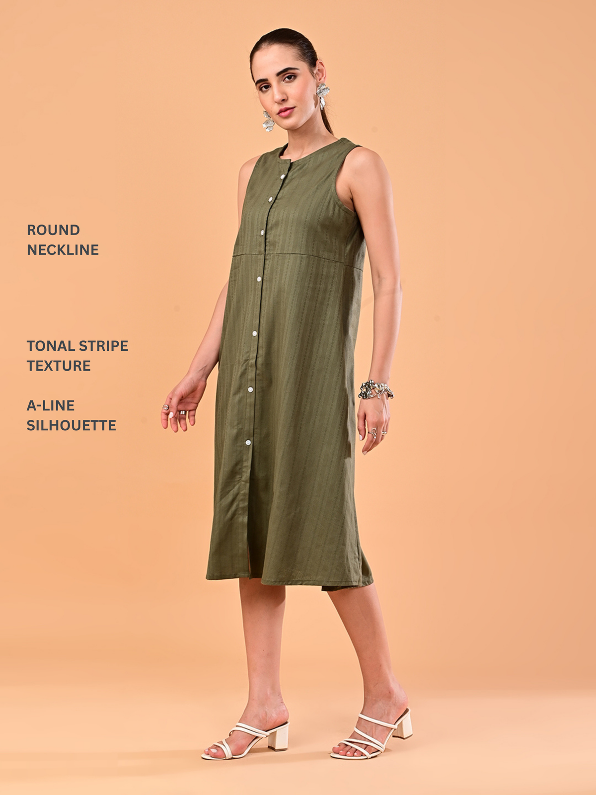 Women’s Olive Green Textured Sleeveless Midi Dress