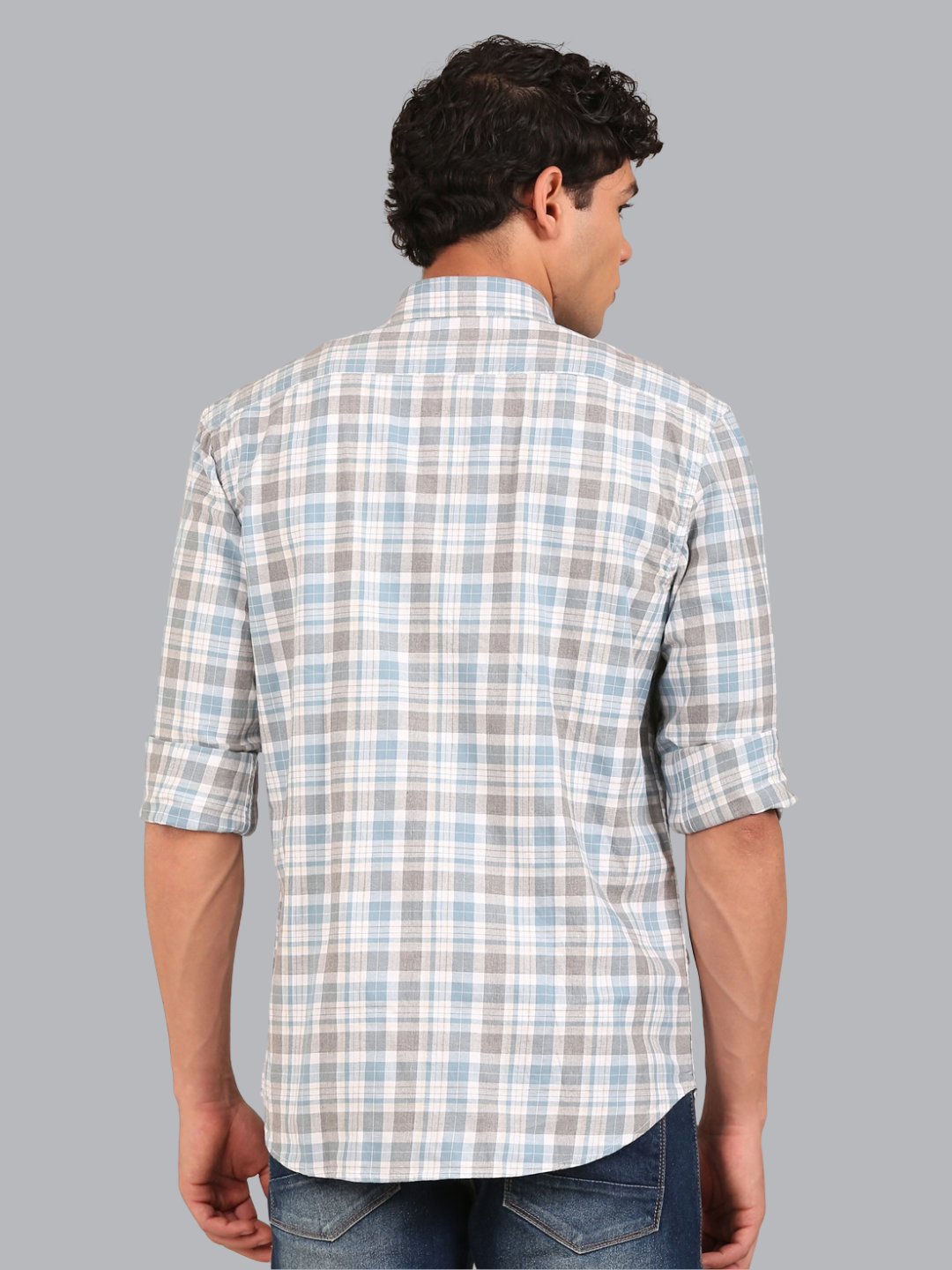 Cotton Melange Twill Checks Shirt: Powder Blue