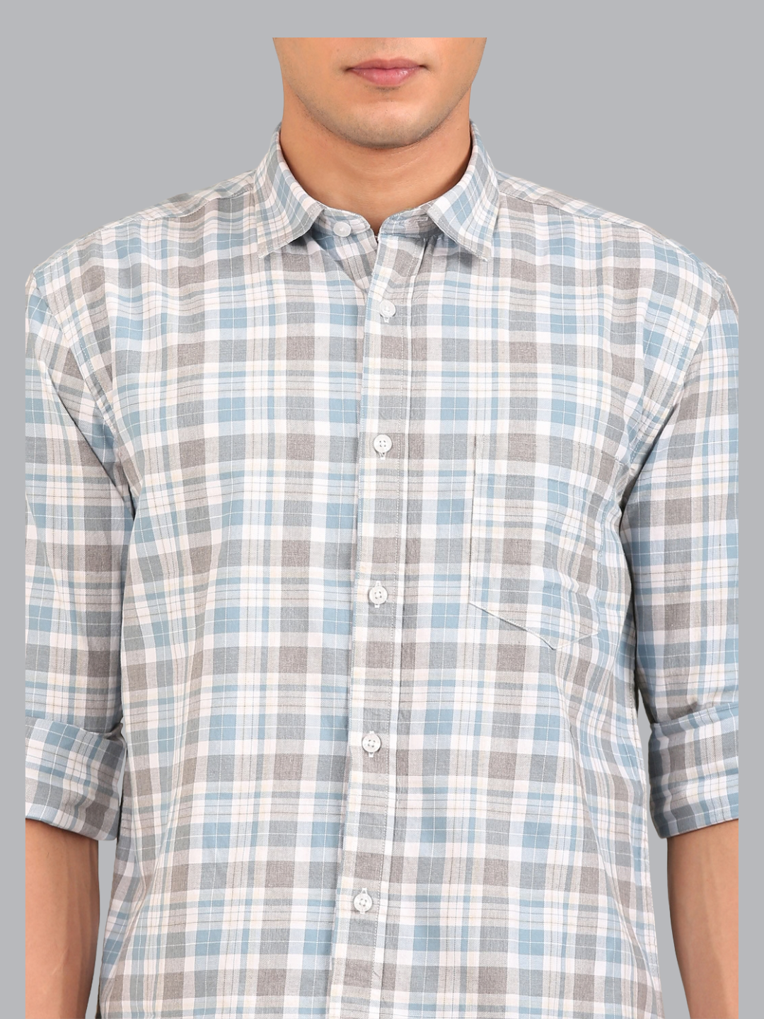 Cotton Melange Twill Checks Shirt: Powder Blue