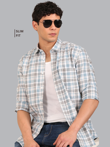 Cotton Melange Twill Checks Shirt: Powder Blue