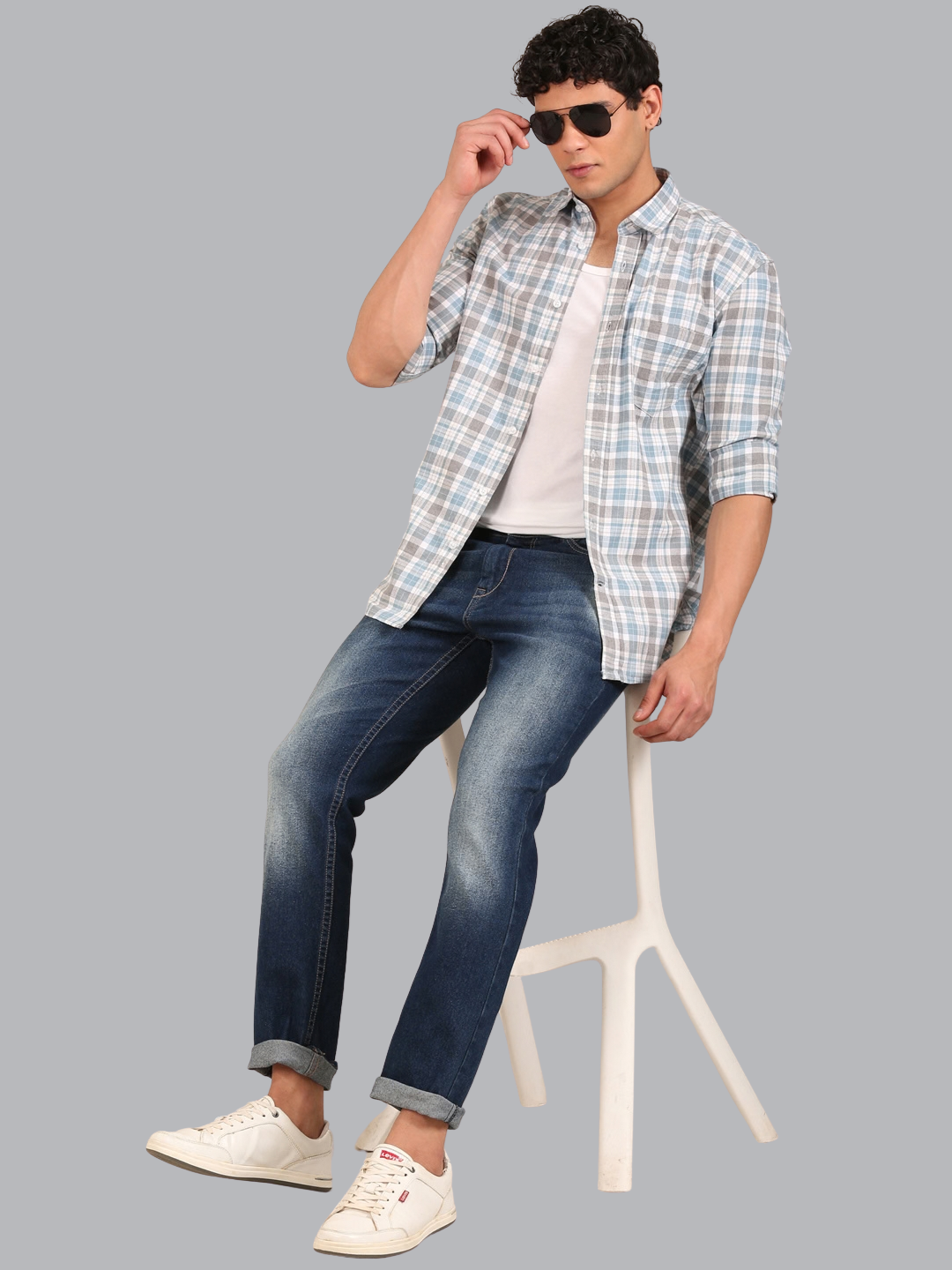 Cotton Melange Twill Checks Shirt: Powder Blue