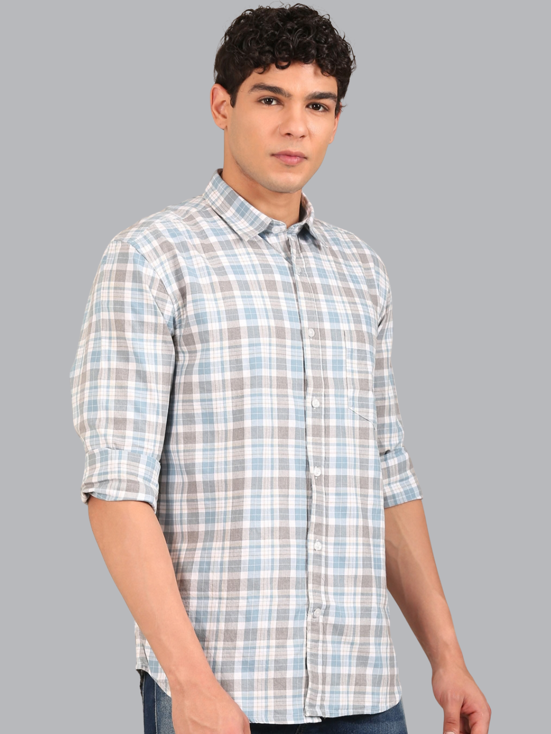 Cotton Melange Twill Checks Shirt: Powder Blue