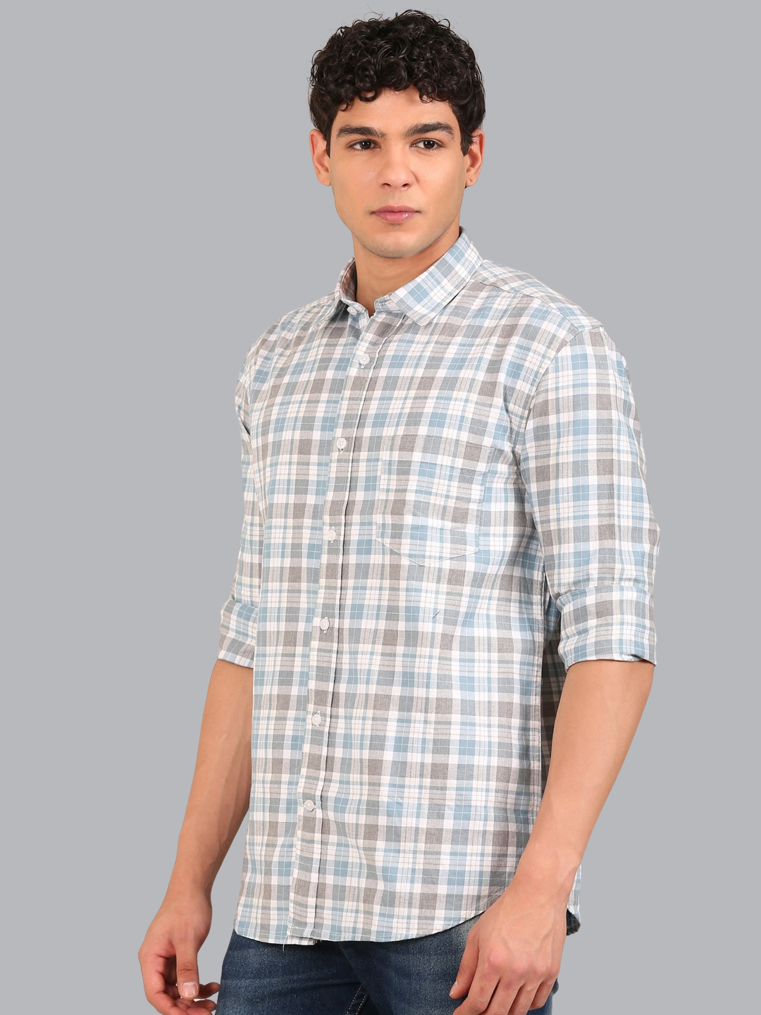 Cotton Melange Twill Checks Shirt: Powder Blue