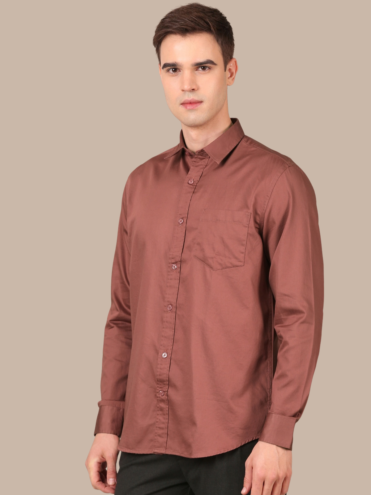 Cotton Satin Solid Shirt: Rosewood Brown