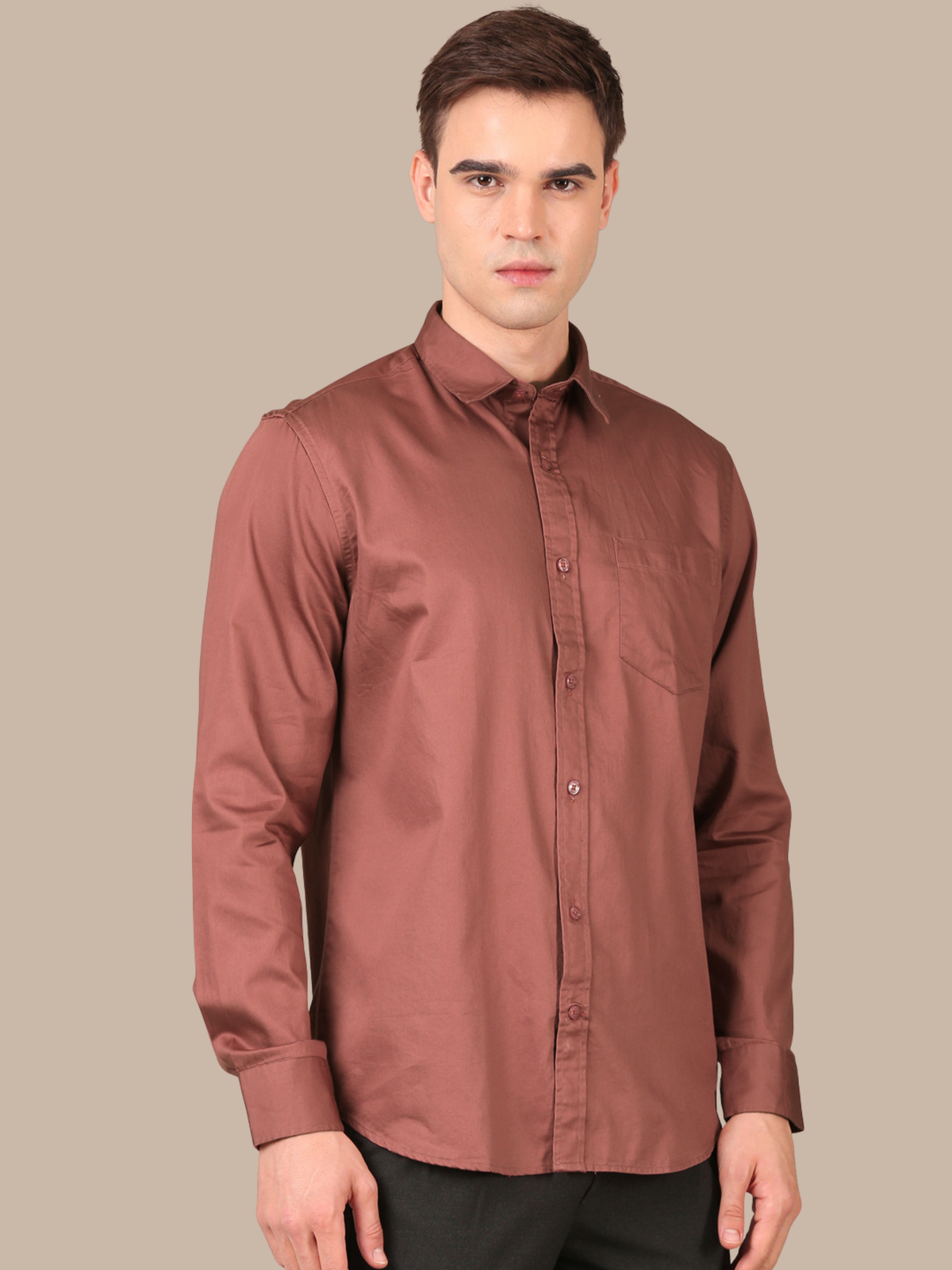 Cotton Satin Solid Shirt: Rosewood Brown