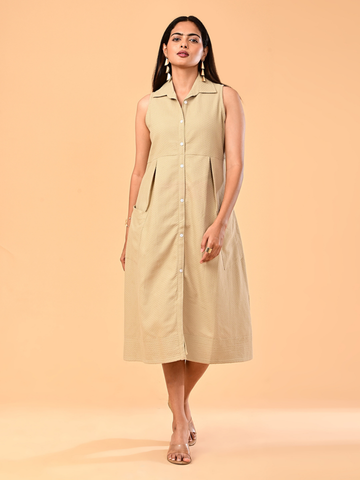 Women’s Sand Beige Textured Sleeveless Collared Midi Dress