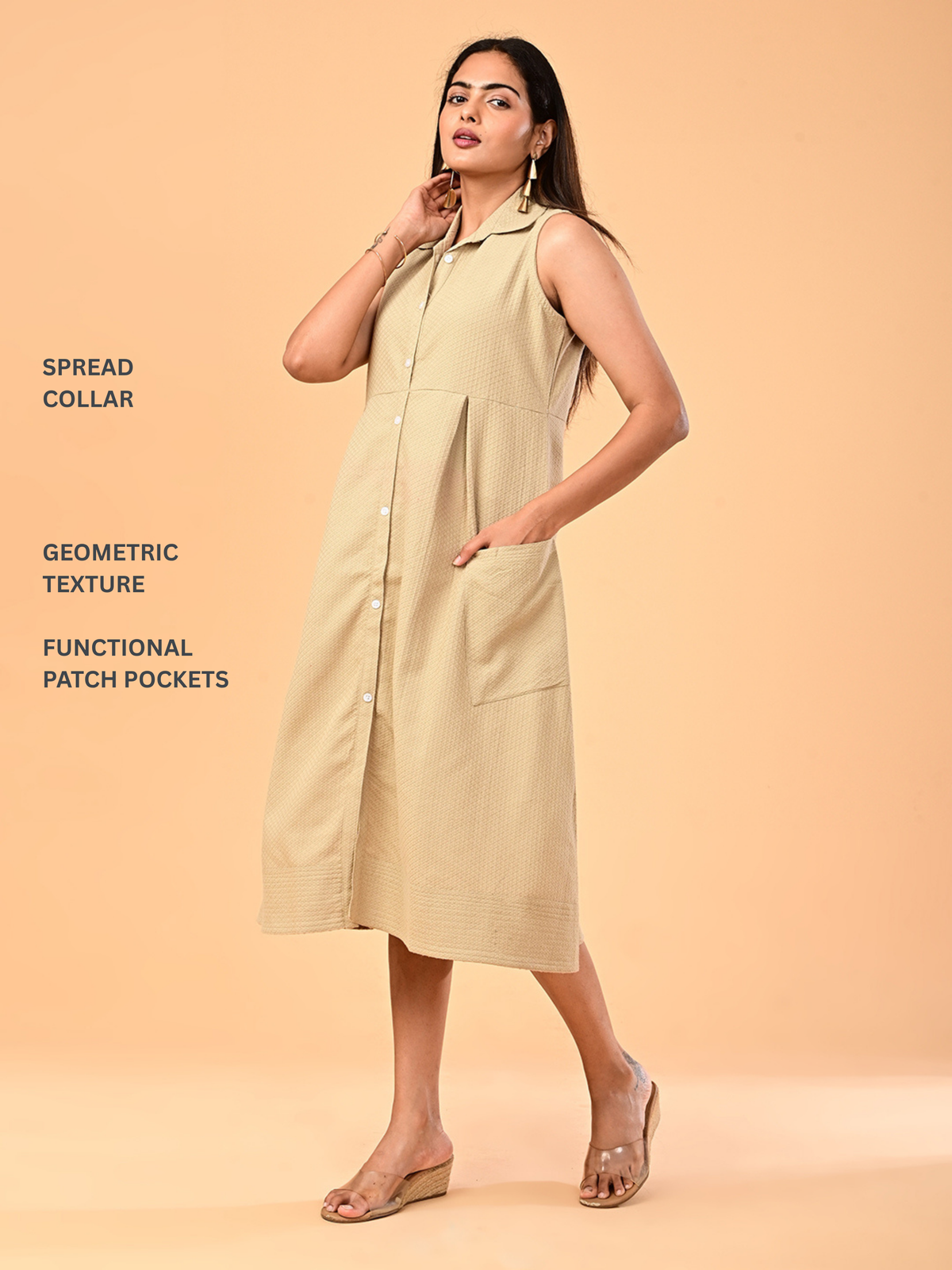 Women’s Sand Beige Textured Sleeveless Collared Midi Dress