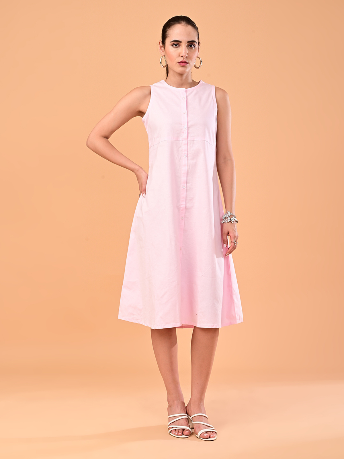 Women’s Soft Pink Sleeveless Button-Front Midi Dress