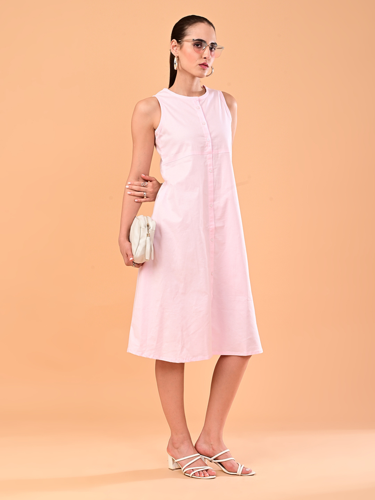 Women’s Soft Pink Sleeveless Button-Front Midi Dress