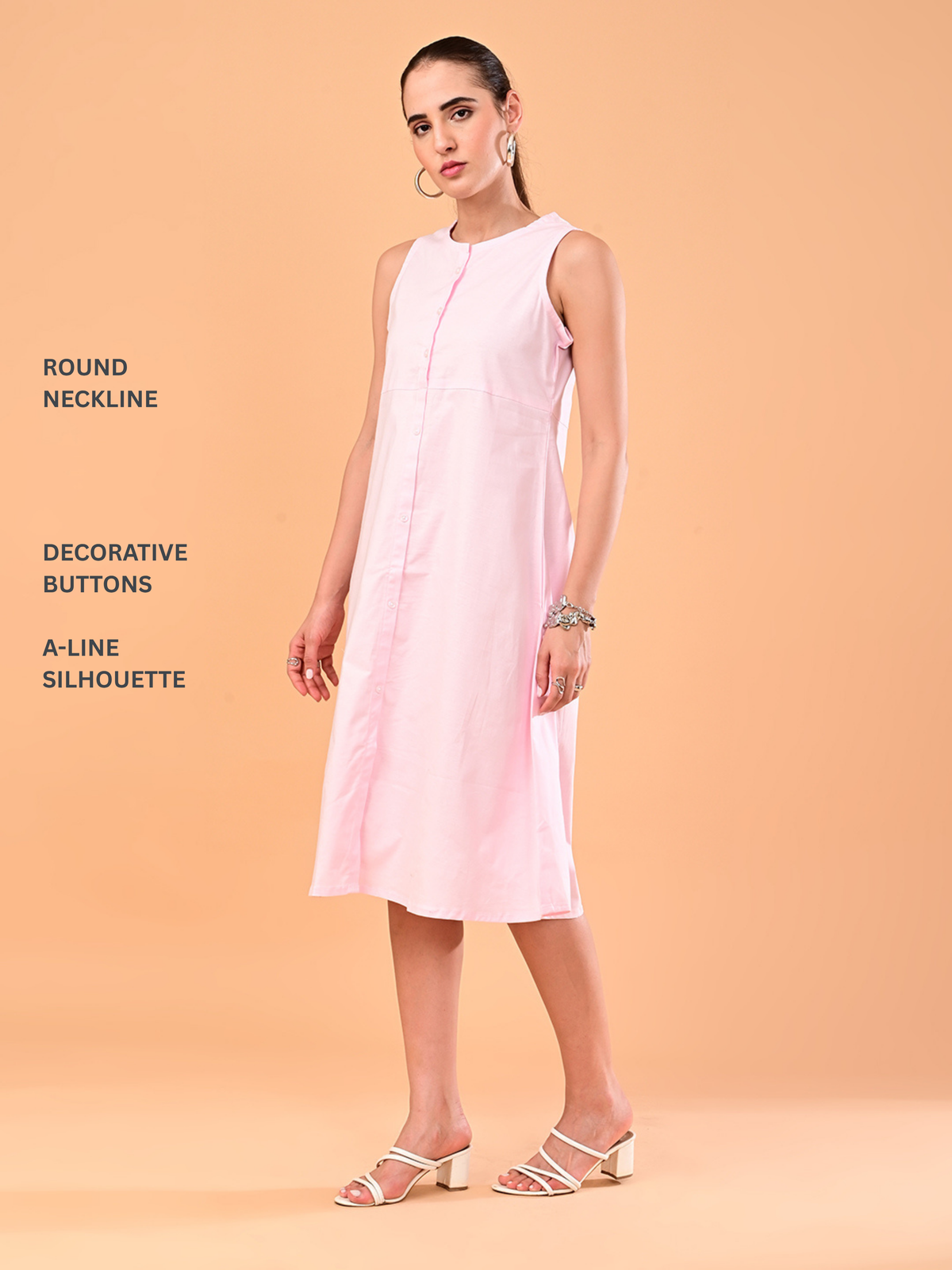 Women’s Soft Pink Sleeveless Button-Front Midi Dress