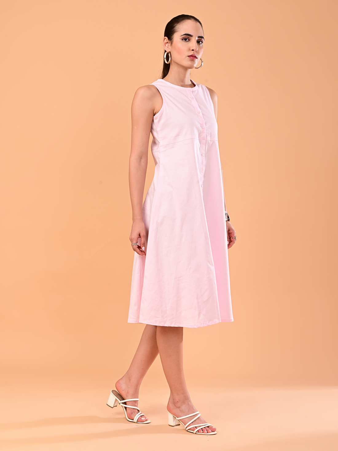 Women’s Soft Pink Sleeveless Button-Front Midi Dress