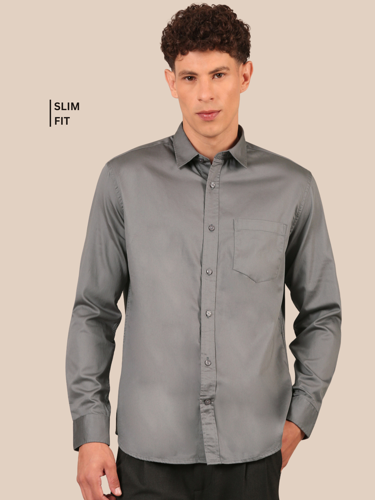 Cotton Satin Solid Shirt: Steel Grey