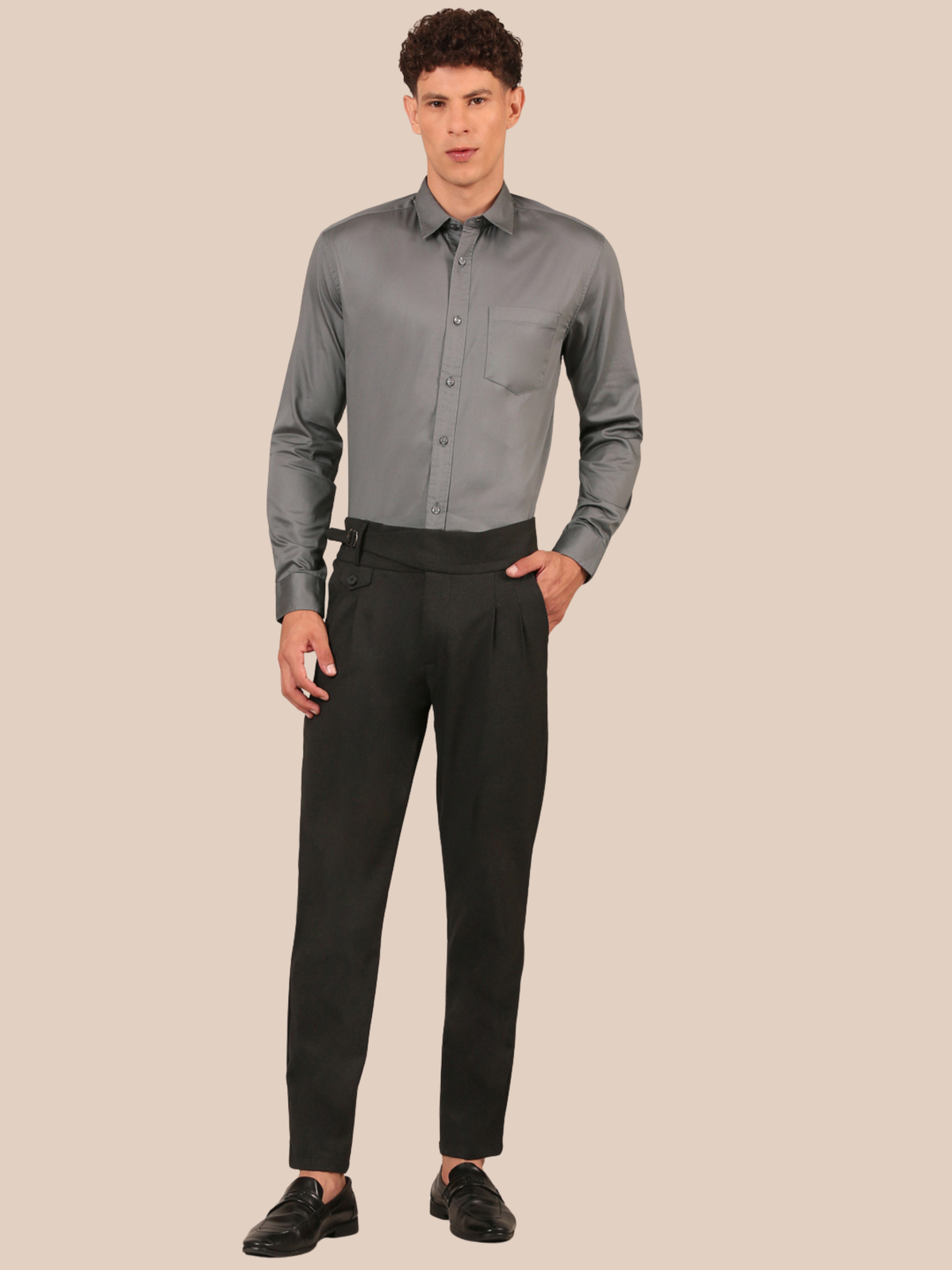 Cotton Satin Solid Shirt: Steel Grey