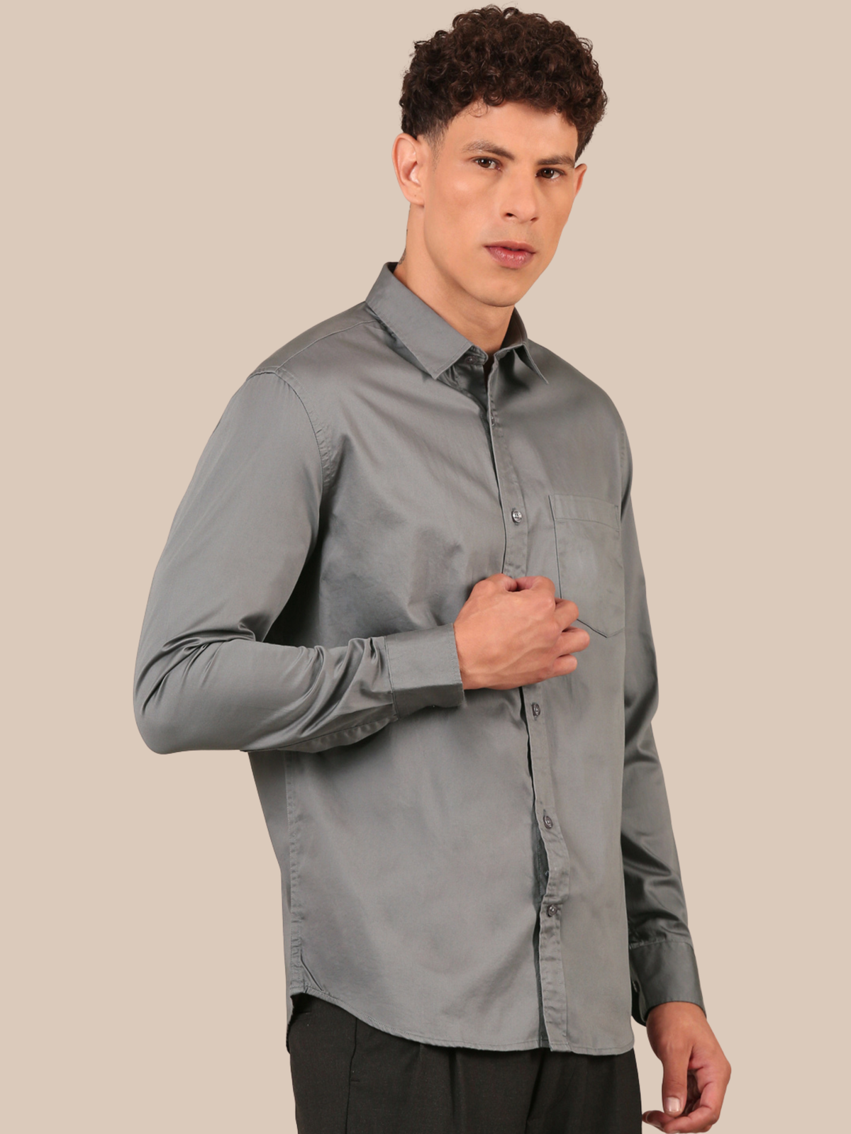 Cotton Satin Solid Shirt: Steel Grey