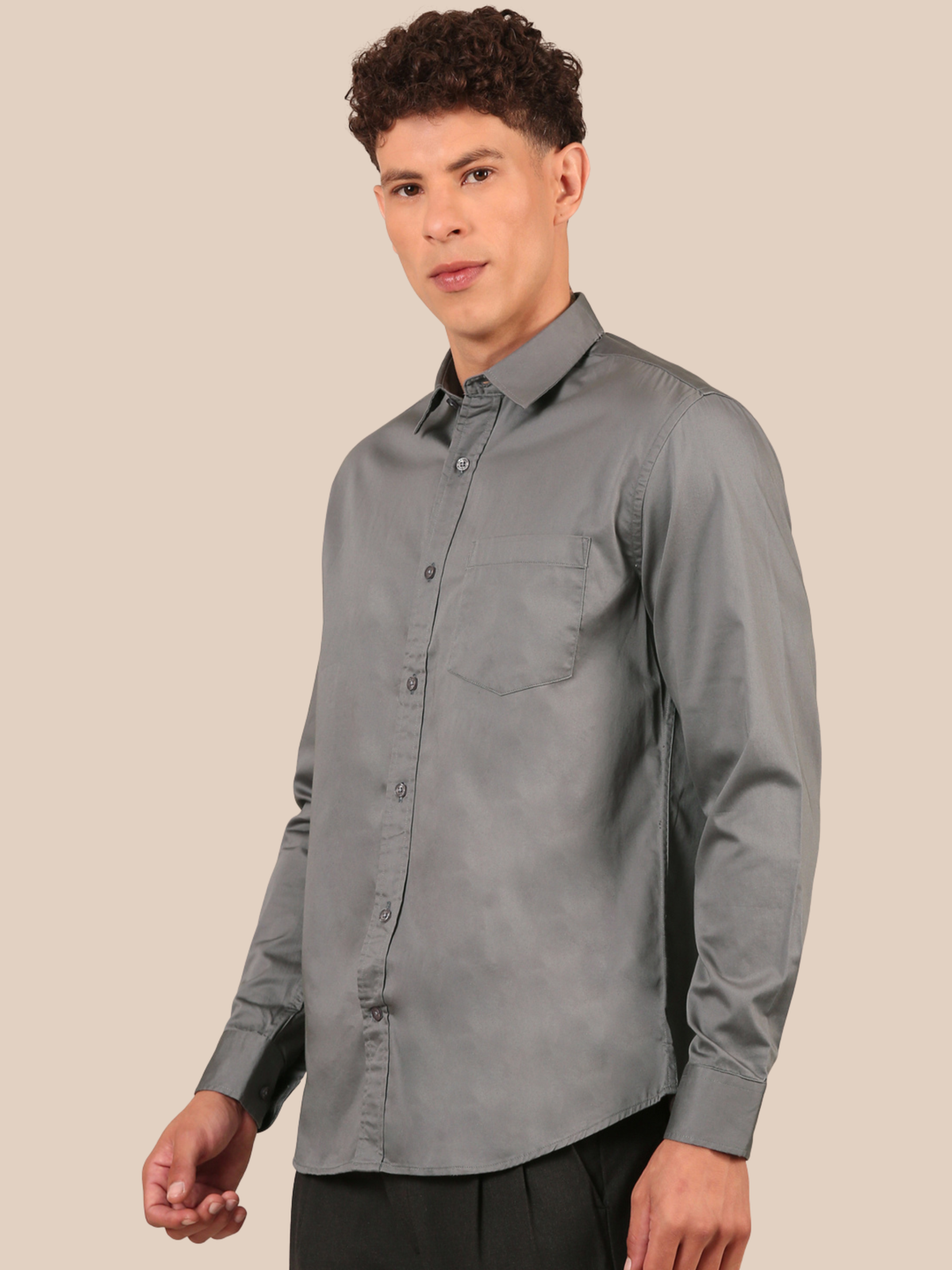 Cotton Satin Solid Shirt: Steel Grey