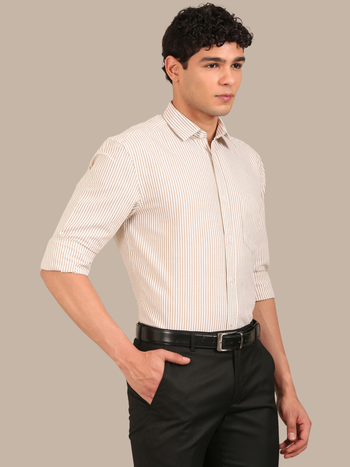 Cotton Stripes Shirt: Tan
