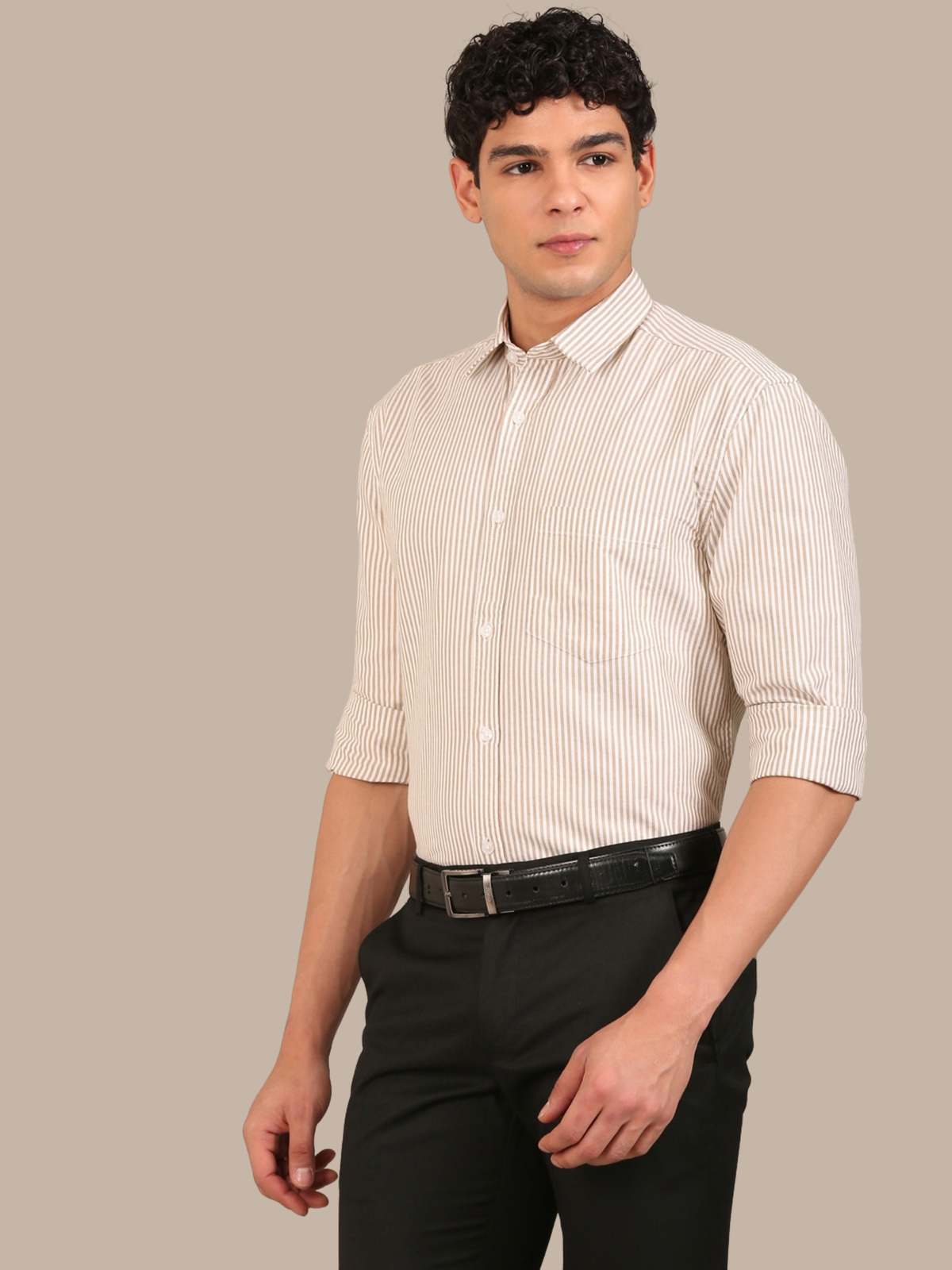 Cotton Stripes Shirt: Tan