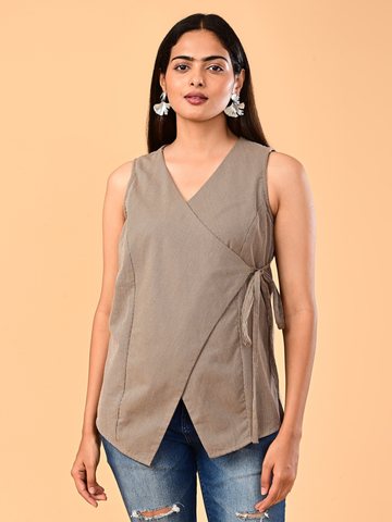 Women’s Taupe Beige Pinstriped Tie-Side Wrap Top