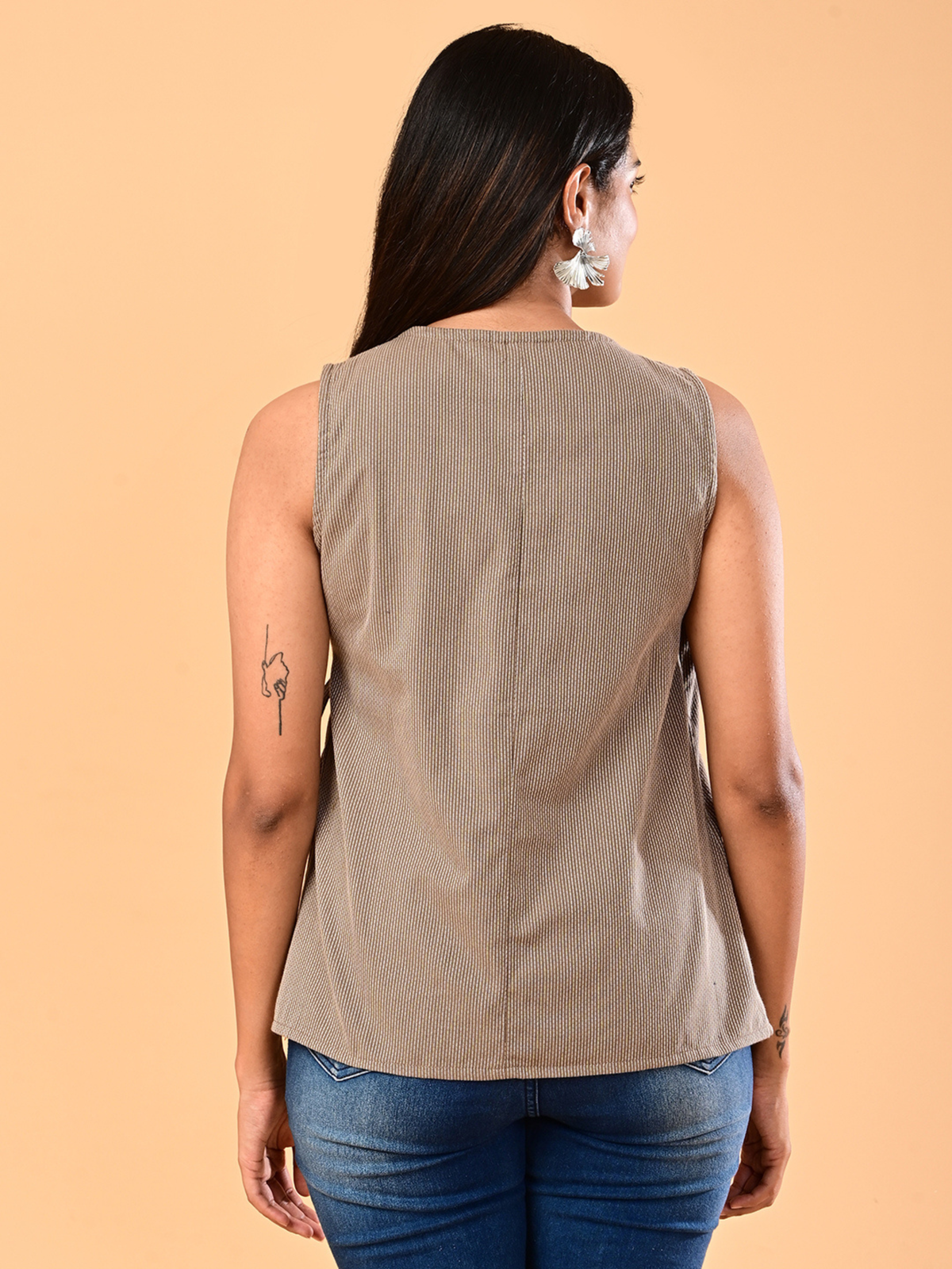 Women’s Taupe Beige Pinstriped Tie-Side Wrap Top