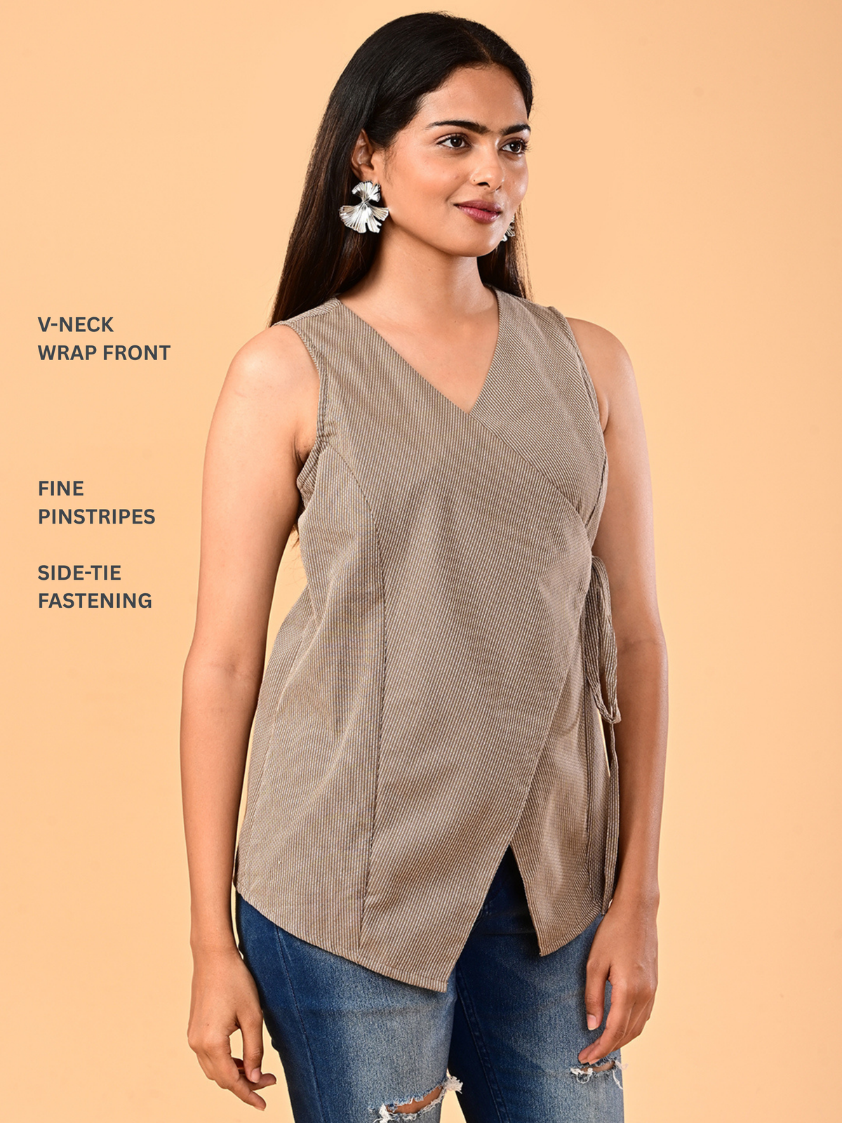 Women’s Taupe Beige Pinstriped Tie-Side Wrap Top