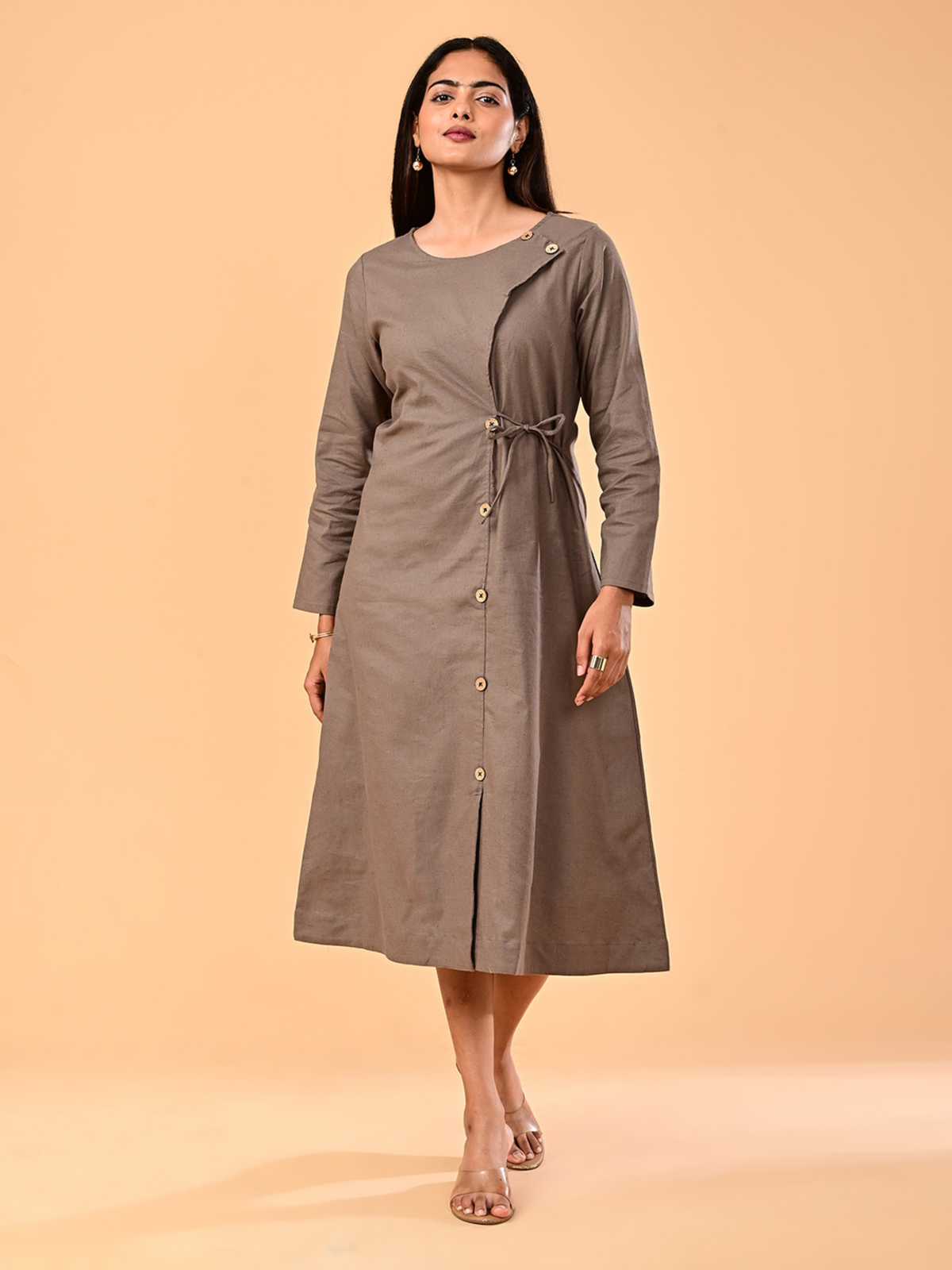 Women’s Taupe Brown Long-Sleeve Tie-Waist Midi Dress