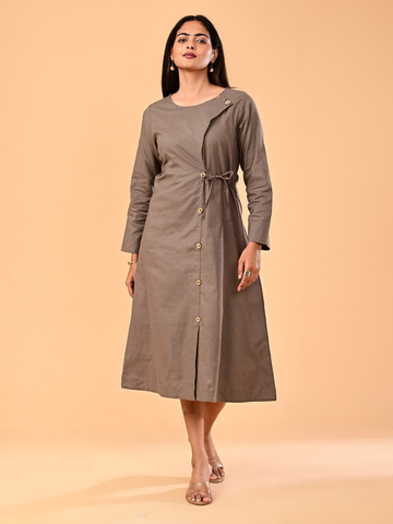 Women’s Taupe Brown Long-Sleeve Tie-Waist Midi Dress