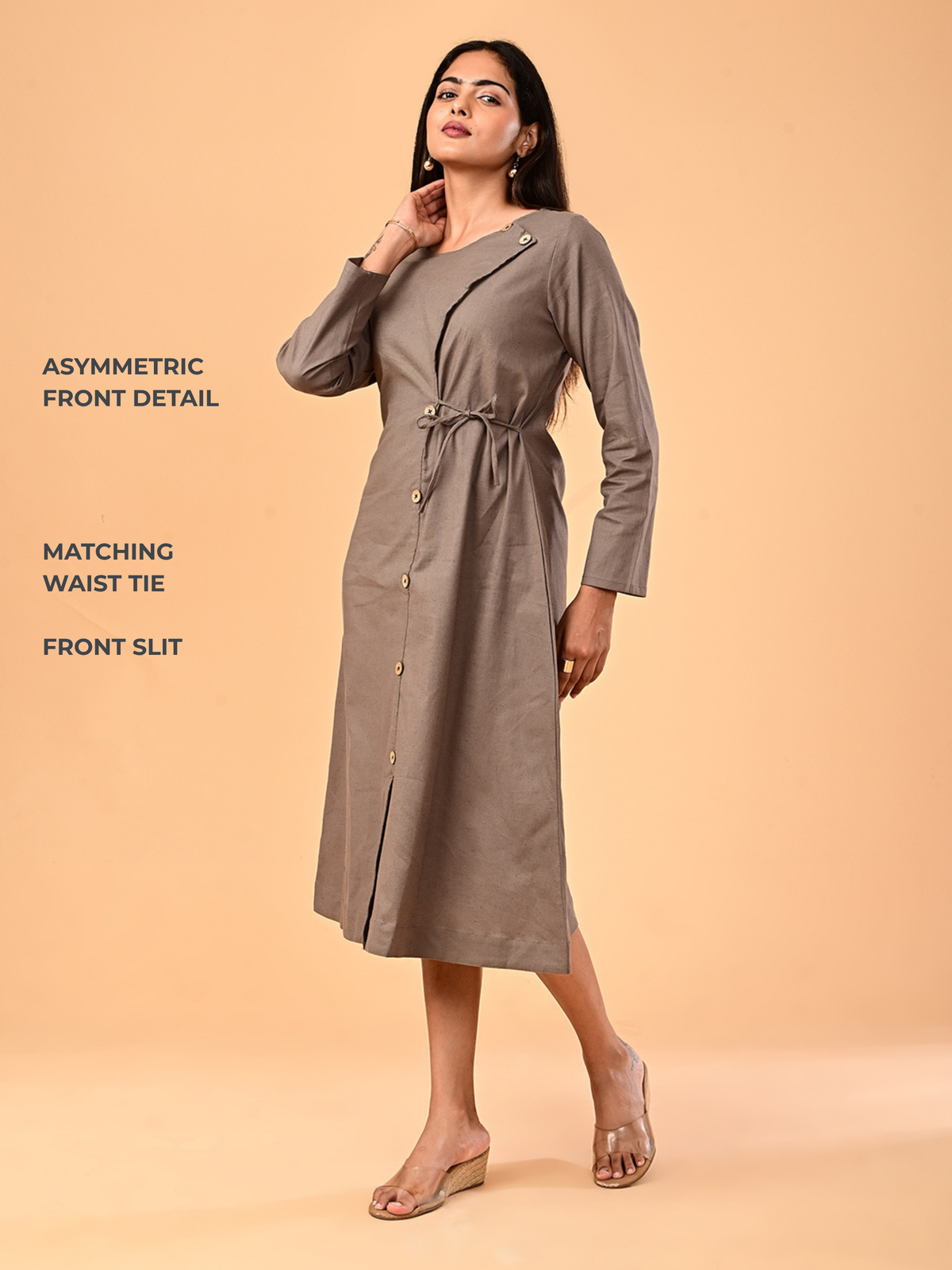 Women’s Taupe Brown Long-Sleeve Tie-Waist Midi Dress