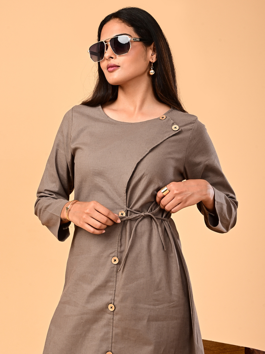 Women’s Taupe Brown Long-Sleeve Tie-Waist Midi Dress