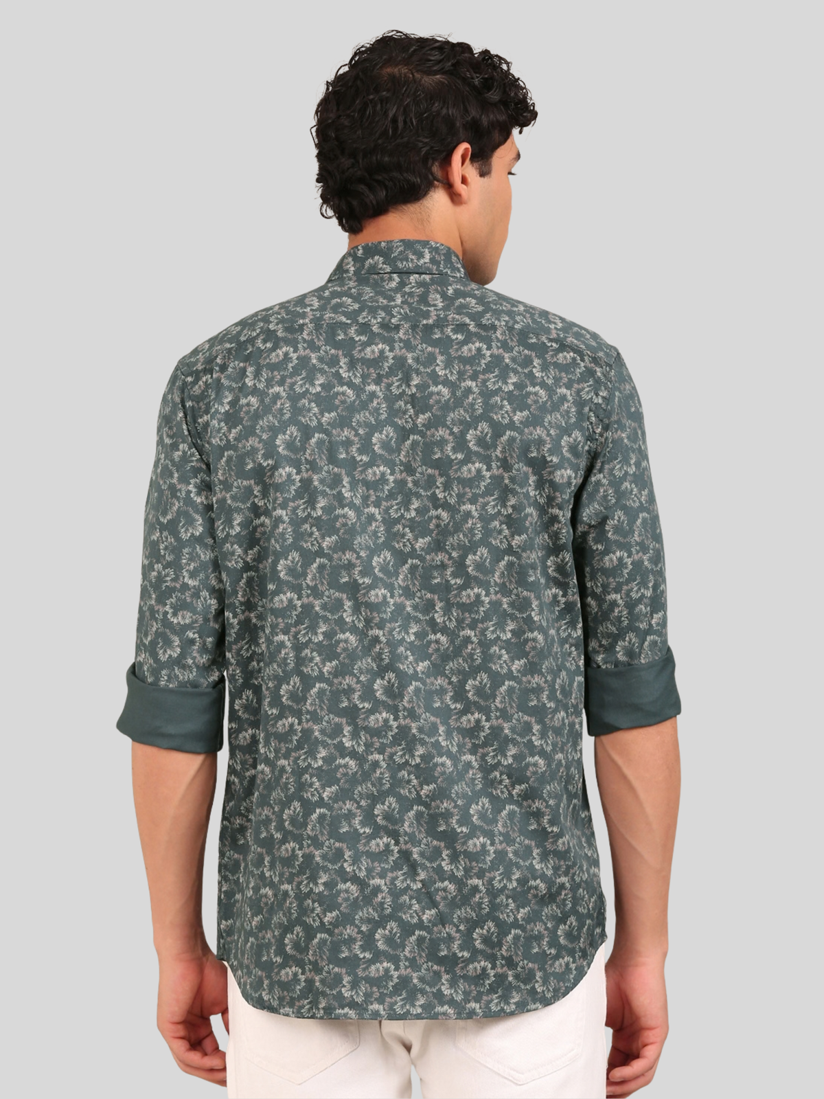 Cotton Satin Floral Shirt: Teal Green