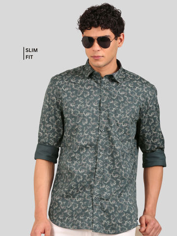Cotton Satin Floral Shirt: Teal Green