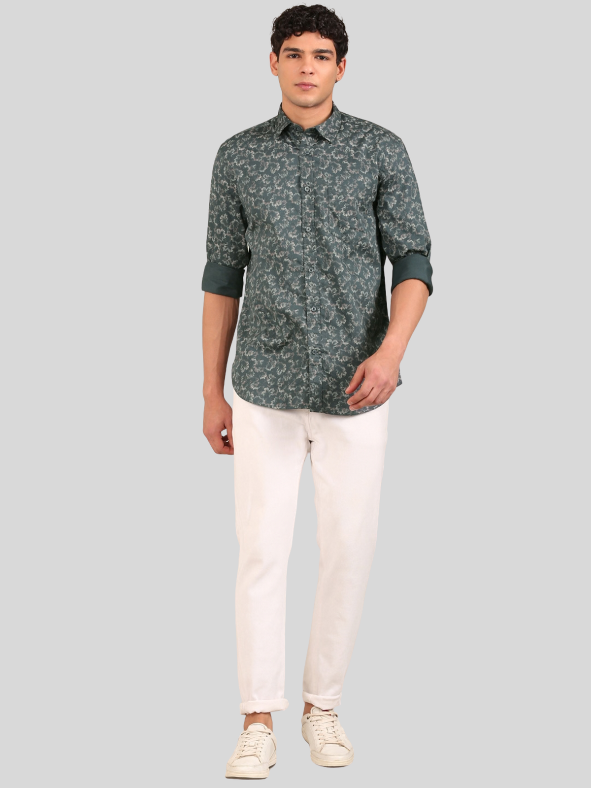 Cotton Satin Floral Shirt: Teal Green