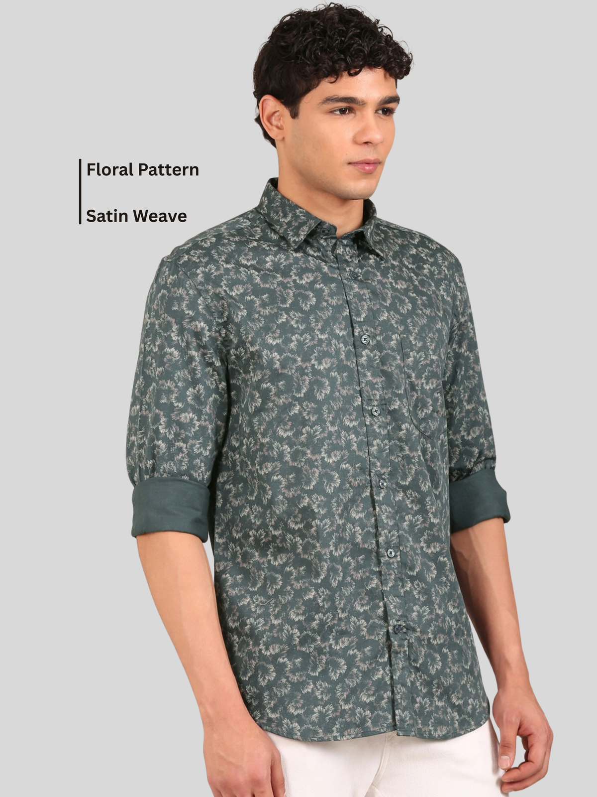 Cotton Satin Floral Shirt: Teal Green