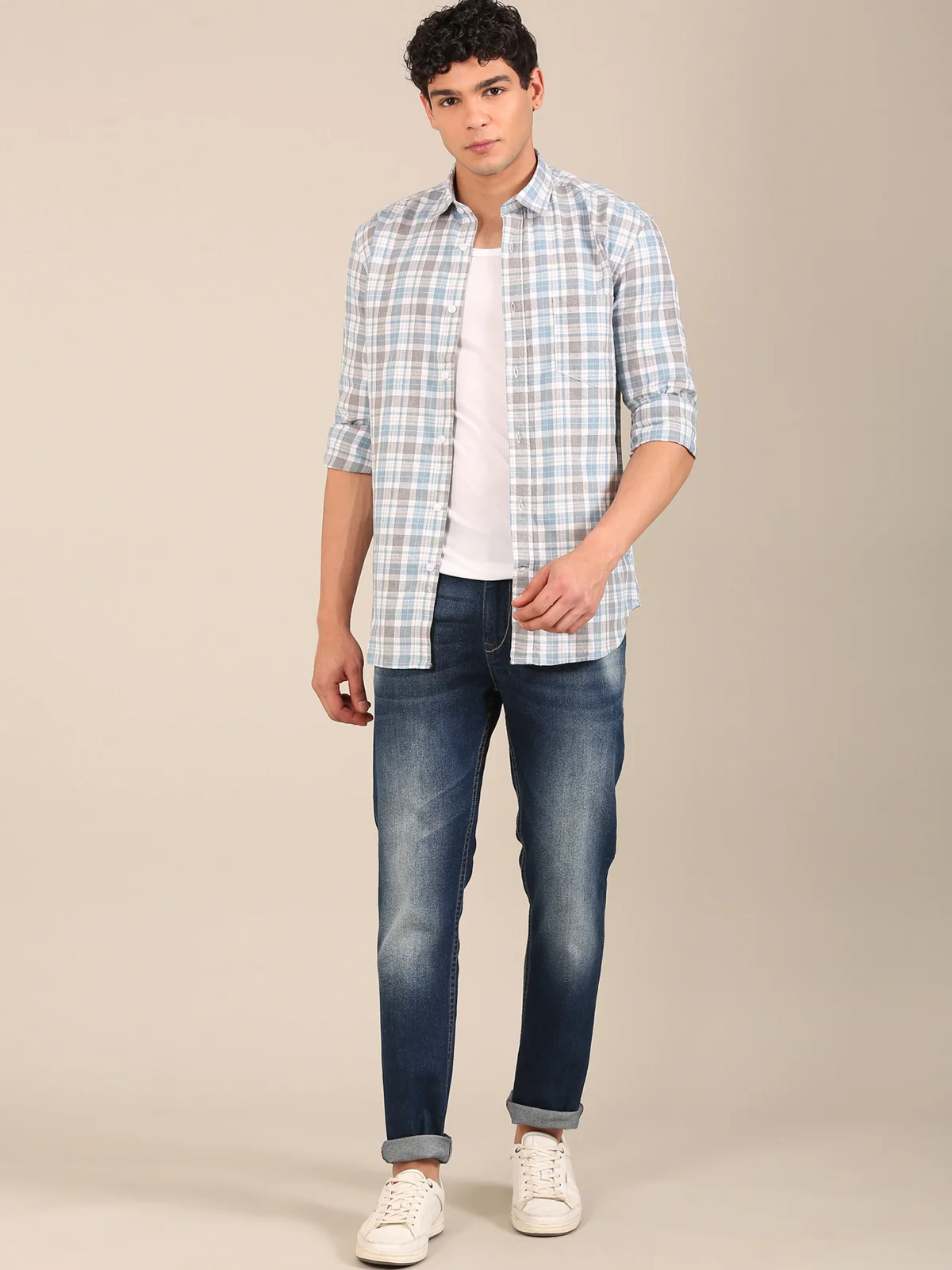 Slim Fit Powder Blue Check Shirt for Men – Cotton | Flashyn