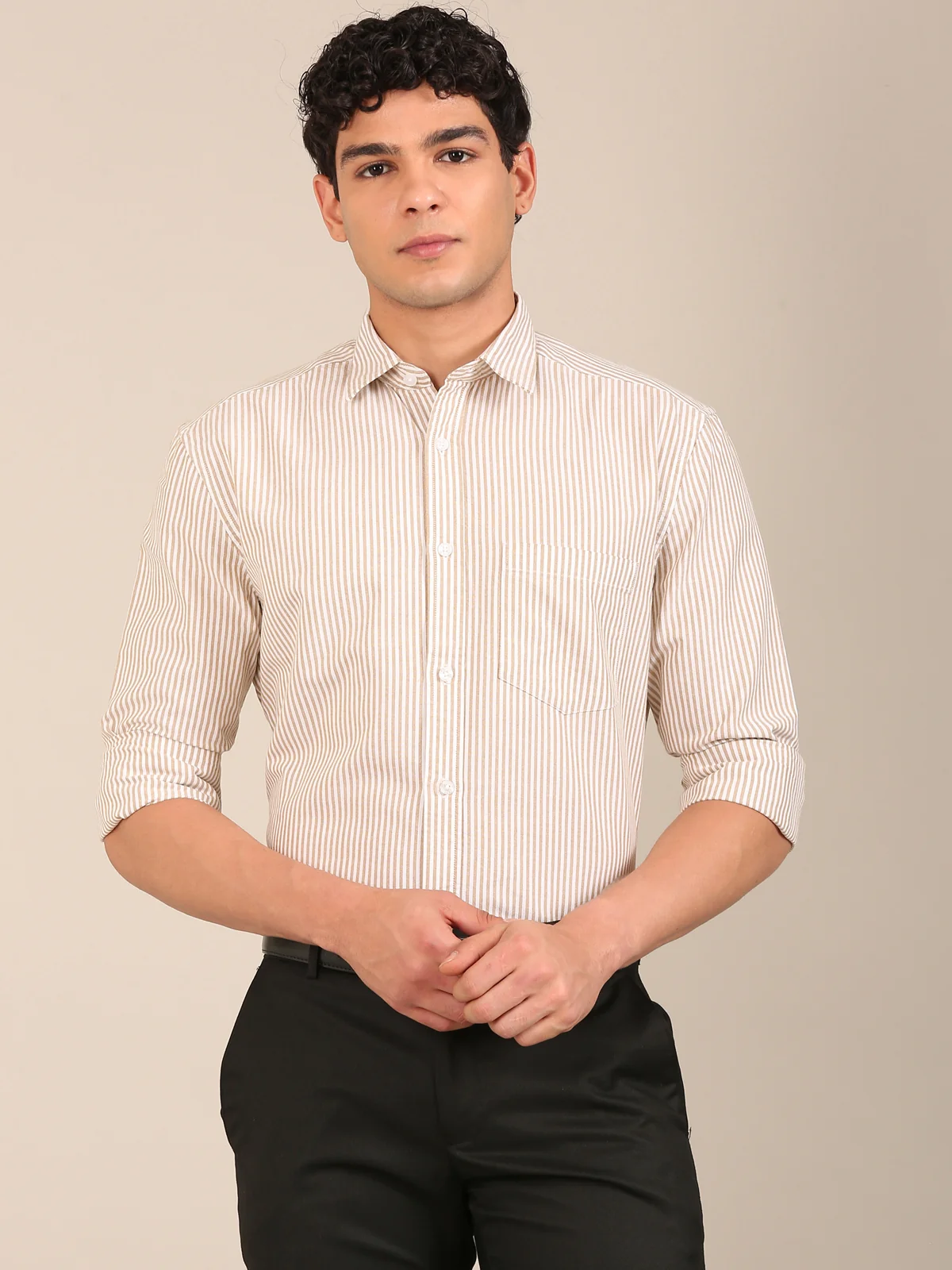 tan and white stripe shirt men slim fit cotton
