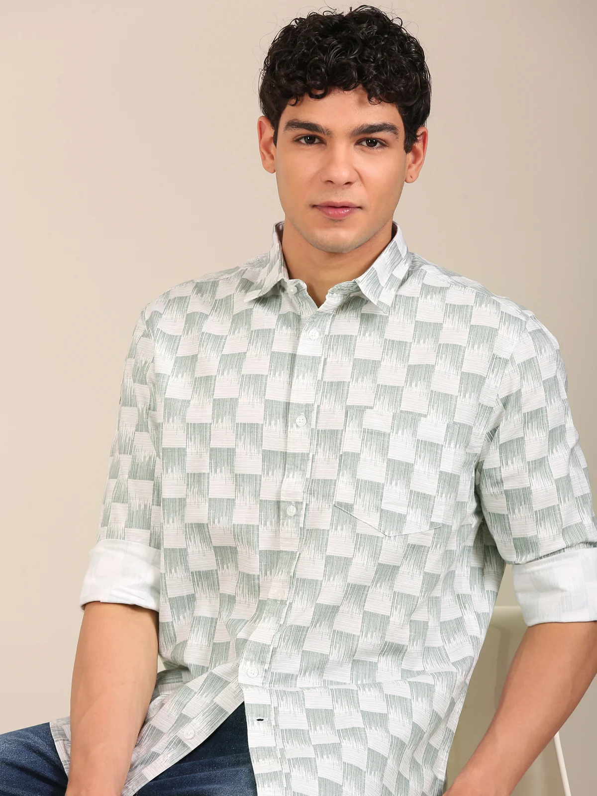 men slim fit printed shirt sage green full sleeve front