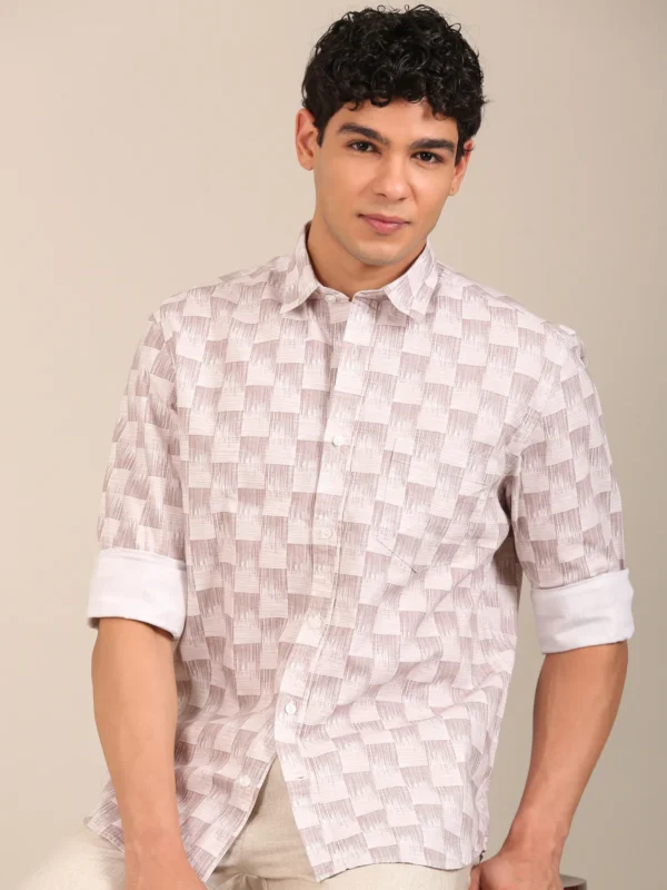 men slim fit printed shirt taupe full sleeve front