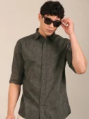 slim fit leaf printed shirt for men dark olive