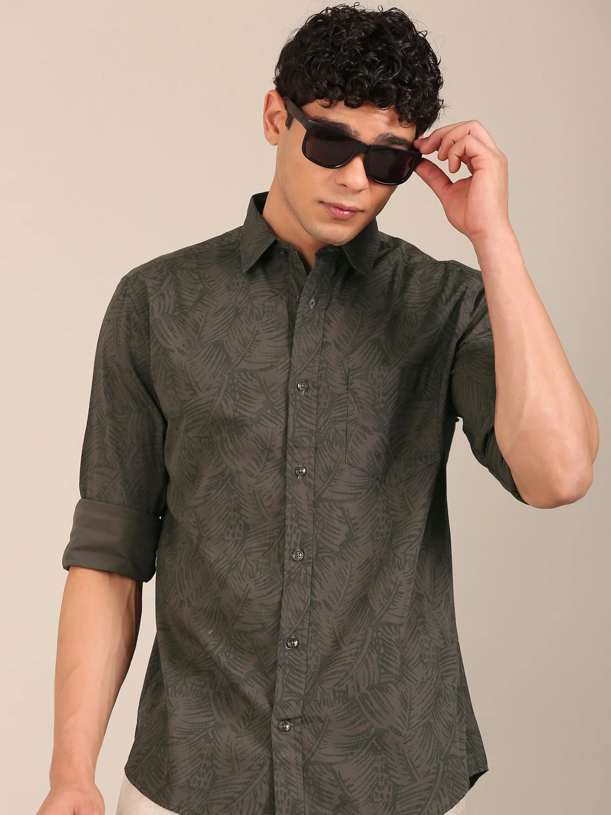 slim fit leaf printed shirt for men dark olive