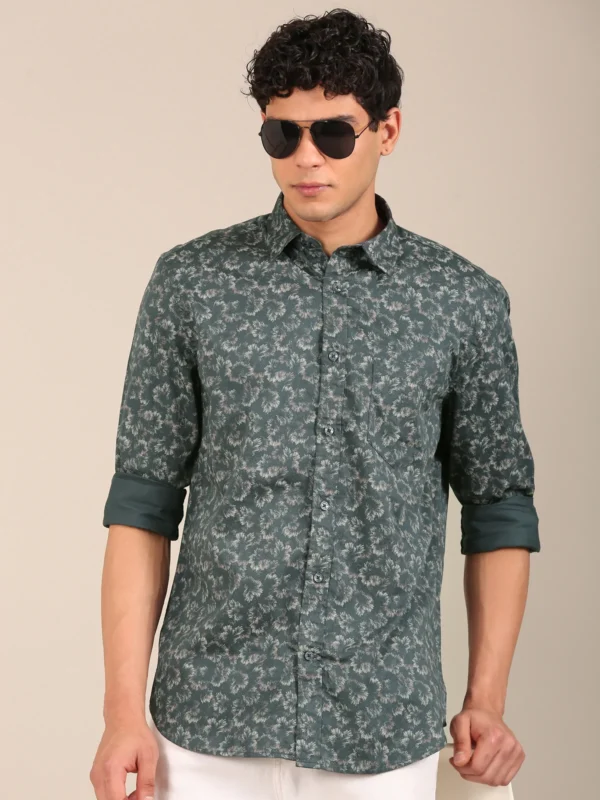 Flashyn slim fit teal green floral shirt for men front view
