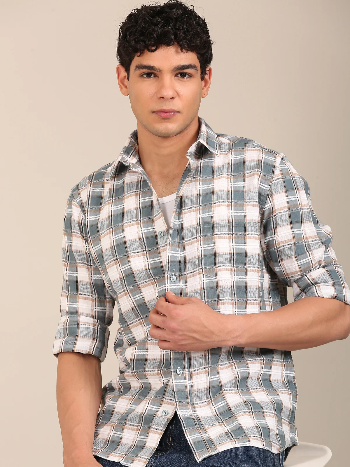 Flashyn slim fit dusty teal blue check shirt for men front view