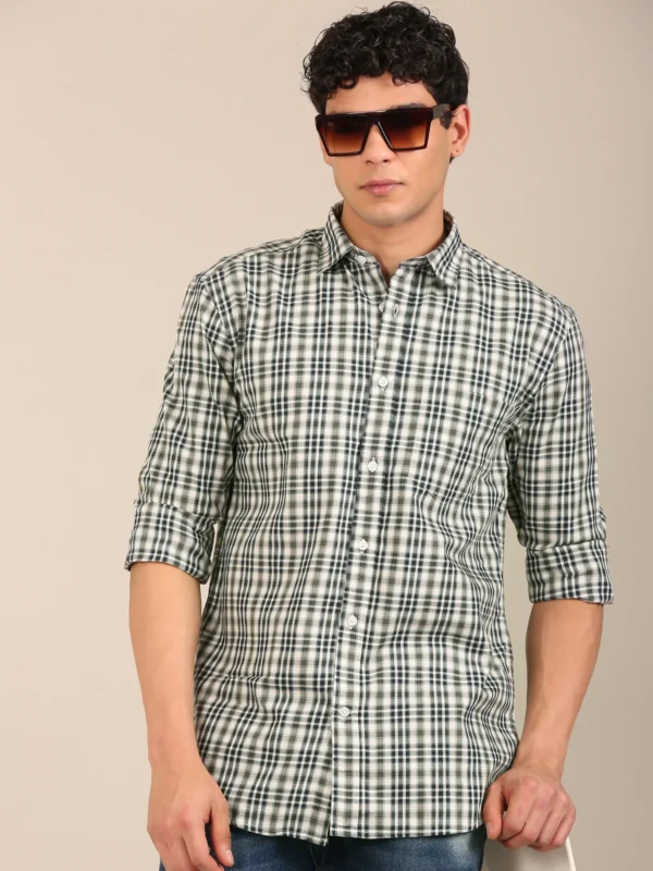 Slim Fit Check Shirt for Men – Olive Navy Giza Cotton Twill