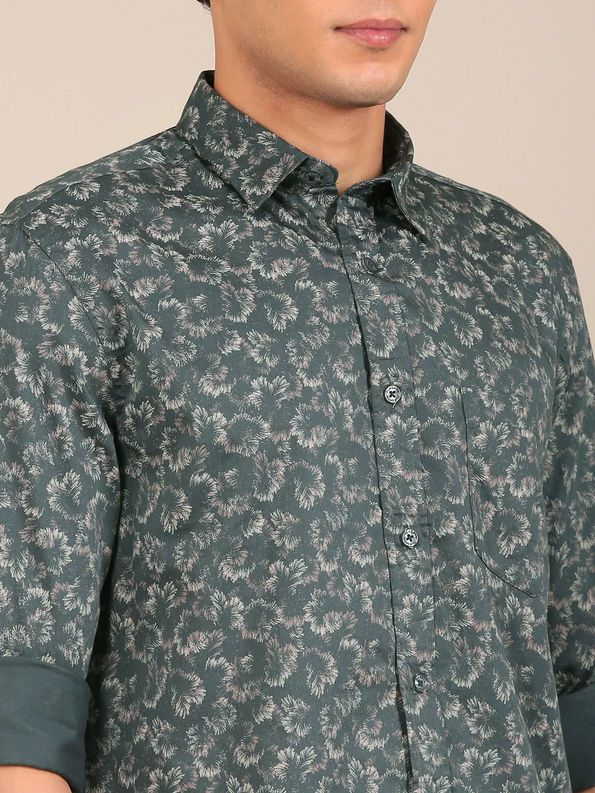 teal green floral shirt men satin cotton close up